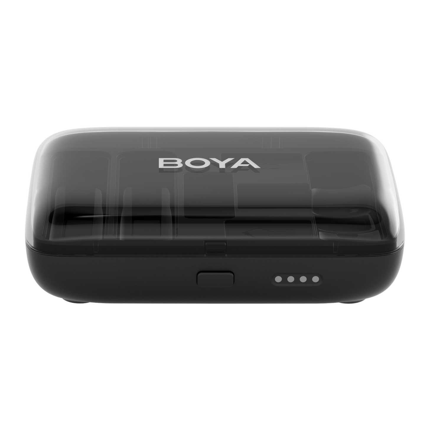A black BOYA charging case with a transparent lid. There are four white indicator lights and a button.