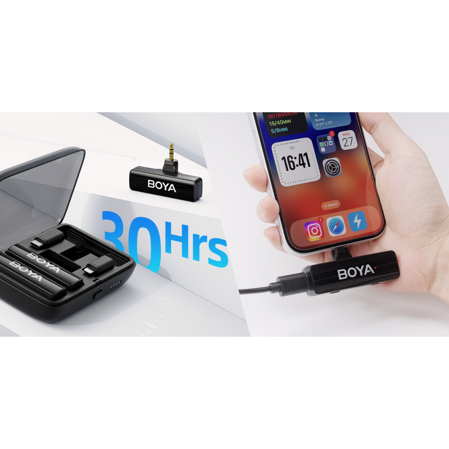 A black wireless microphone with a phone, a charging case, and a separate microphone. The word BOYA is visible on all of them.