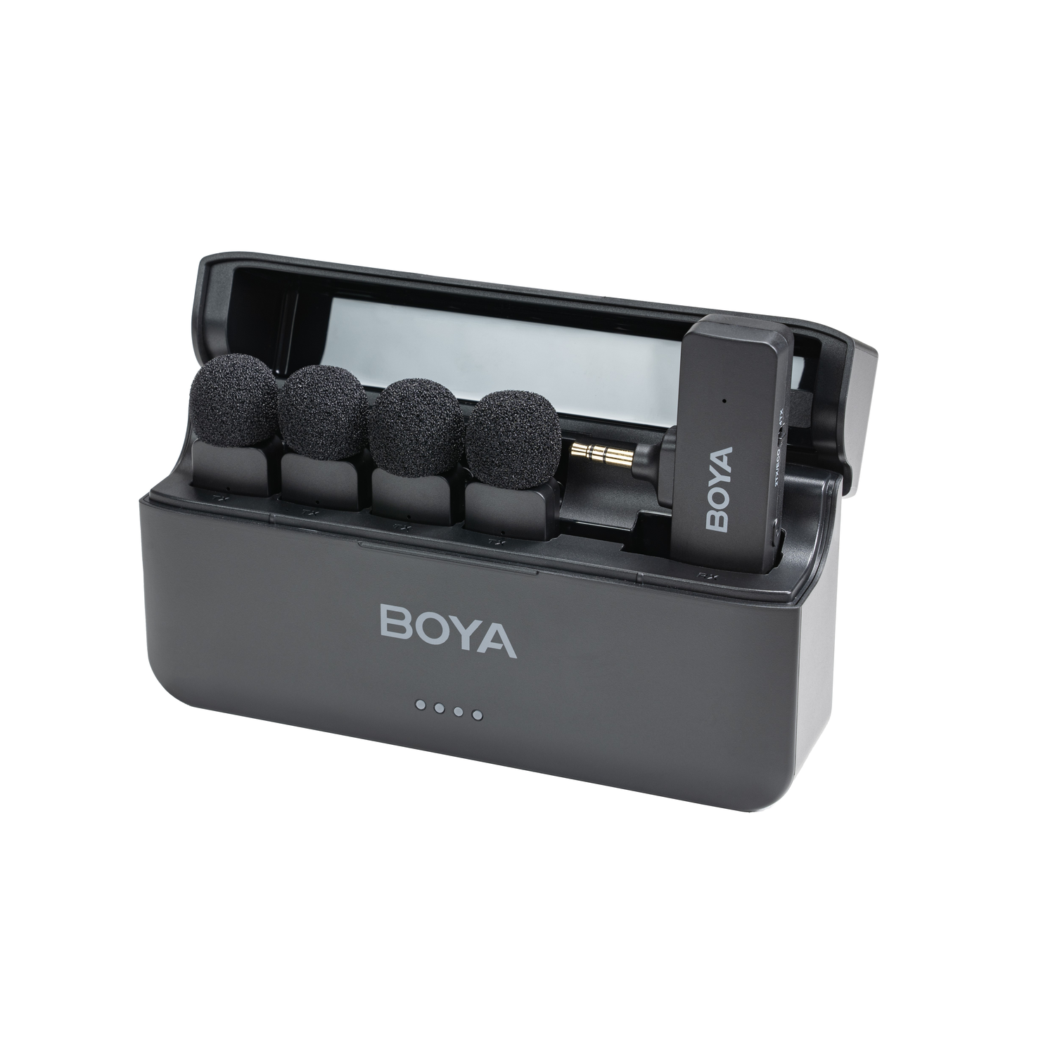 A black 'BOYA' microphone charging case with microphones and a receiver. The case is open, and the background is white.