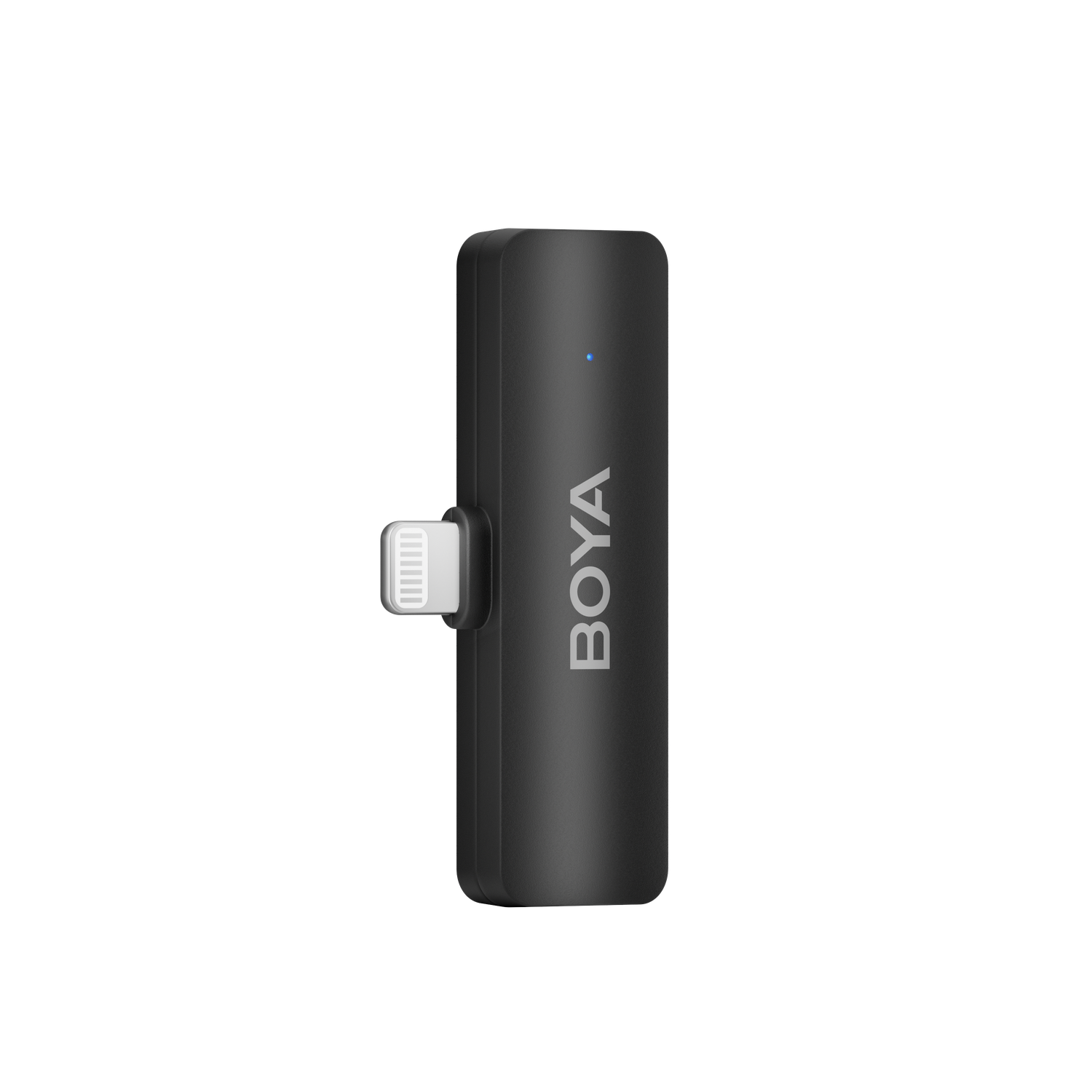 A black Boya microphone adapter with a lightning connector on a black background. The brand name is written on the device.
