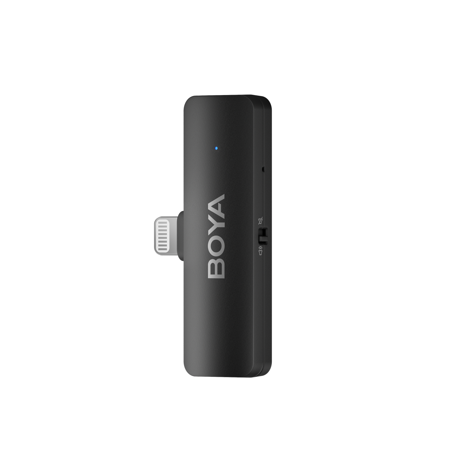 A black Boya microphone receiver. It has a lightning connector, a power switch, and a small blue light. The background is black.