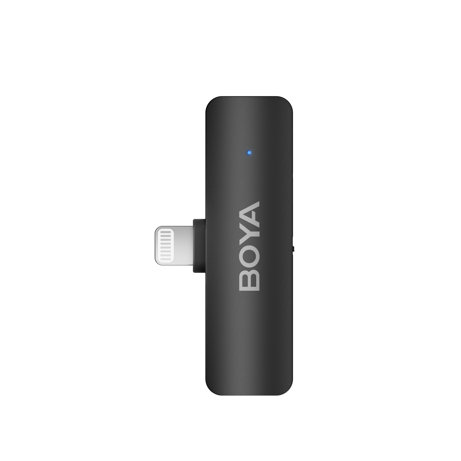 A black Boya microphone adapter with a lightning connector. The brand name is on the device. A blue light is on.