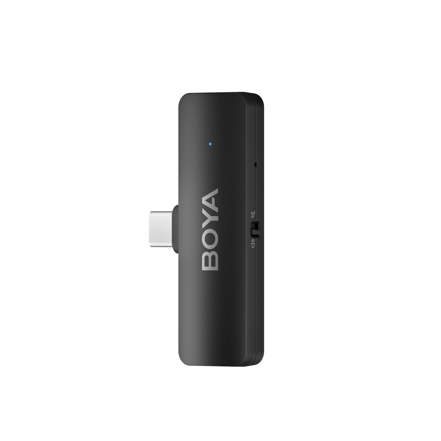 A black Boya audio receiver with a USB-C port, a blue LED, and a switch. The device is against a black background.