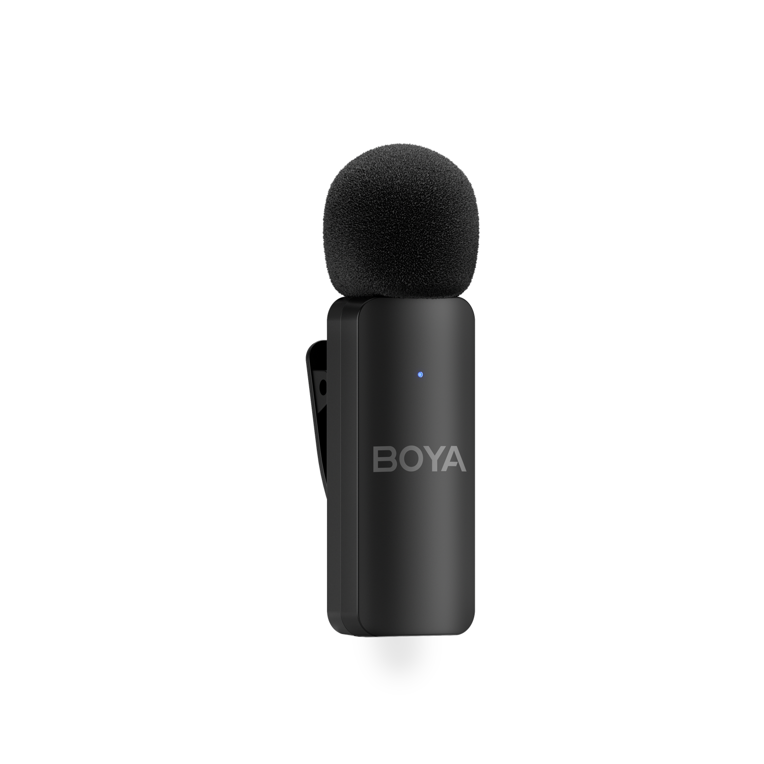 A black BOYA wireless microphone on black background. It has a small blue light and a clip. The microphone has a fuzzy head.
