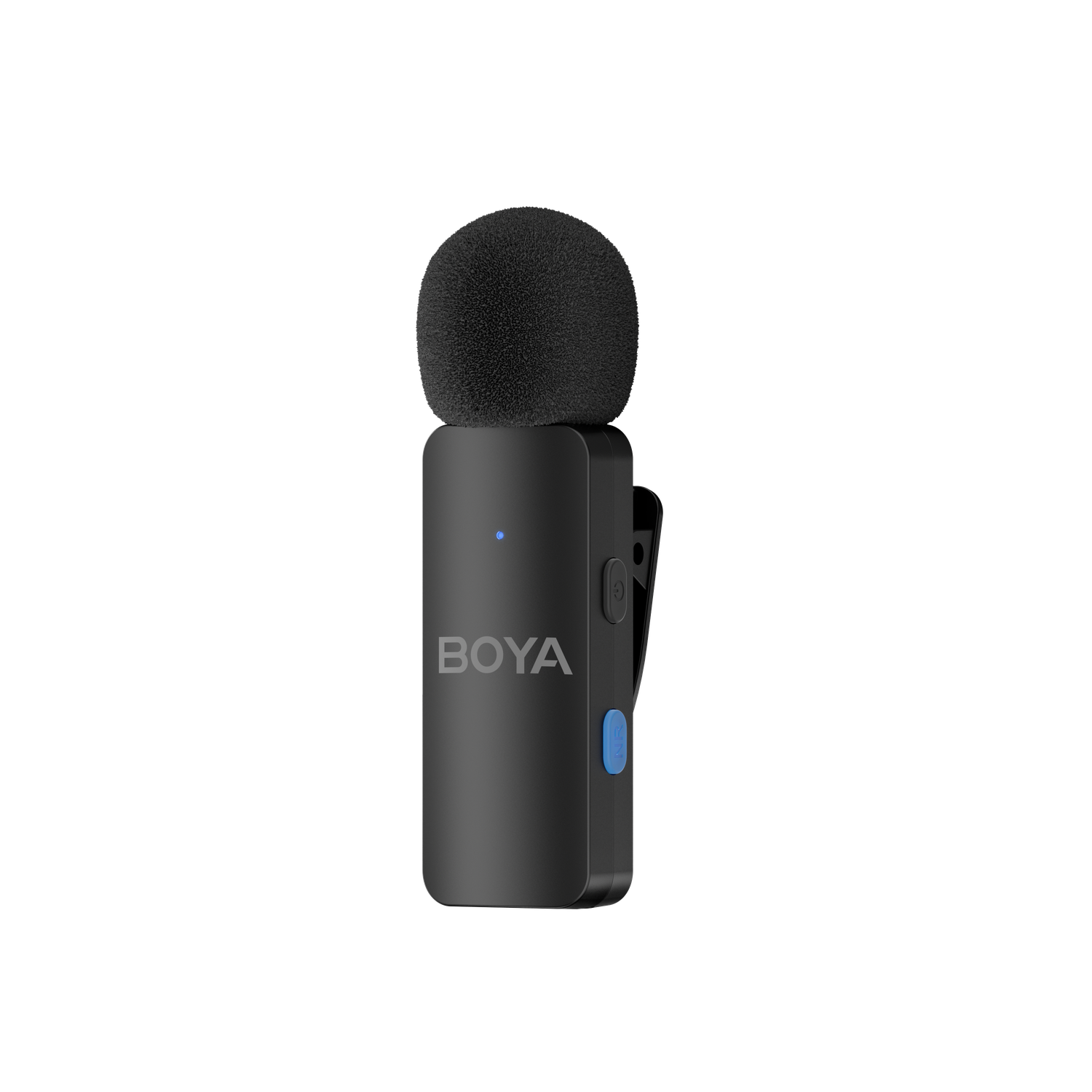 A black Boya microphone. It has a foam top, a clip, and a blue button. The background is black.