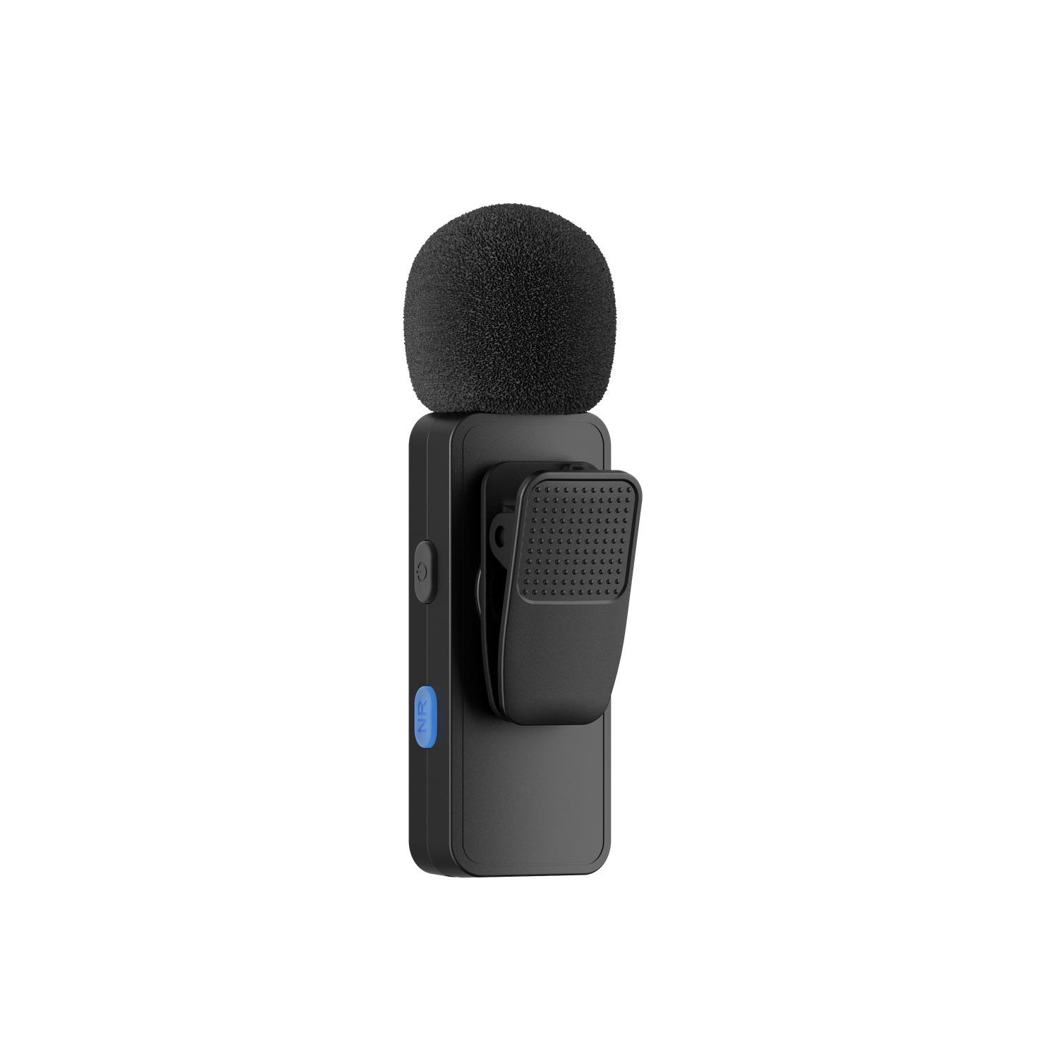 A black wireless microphone with a clip. The microphone has a rounded, fluffy top. The body is rectangular with a blue button. Black background.