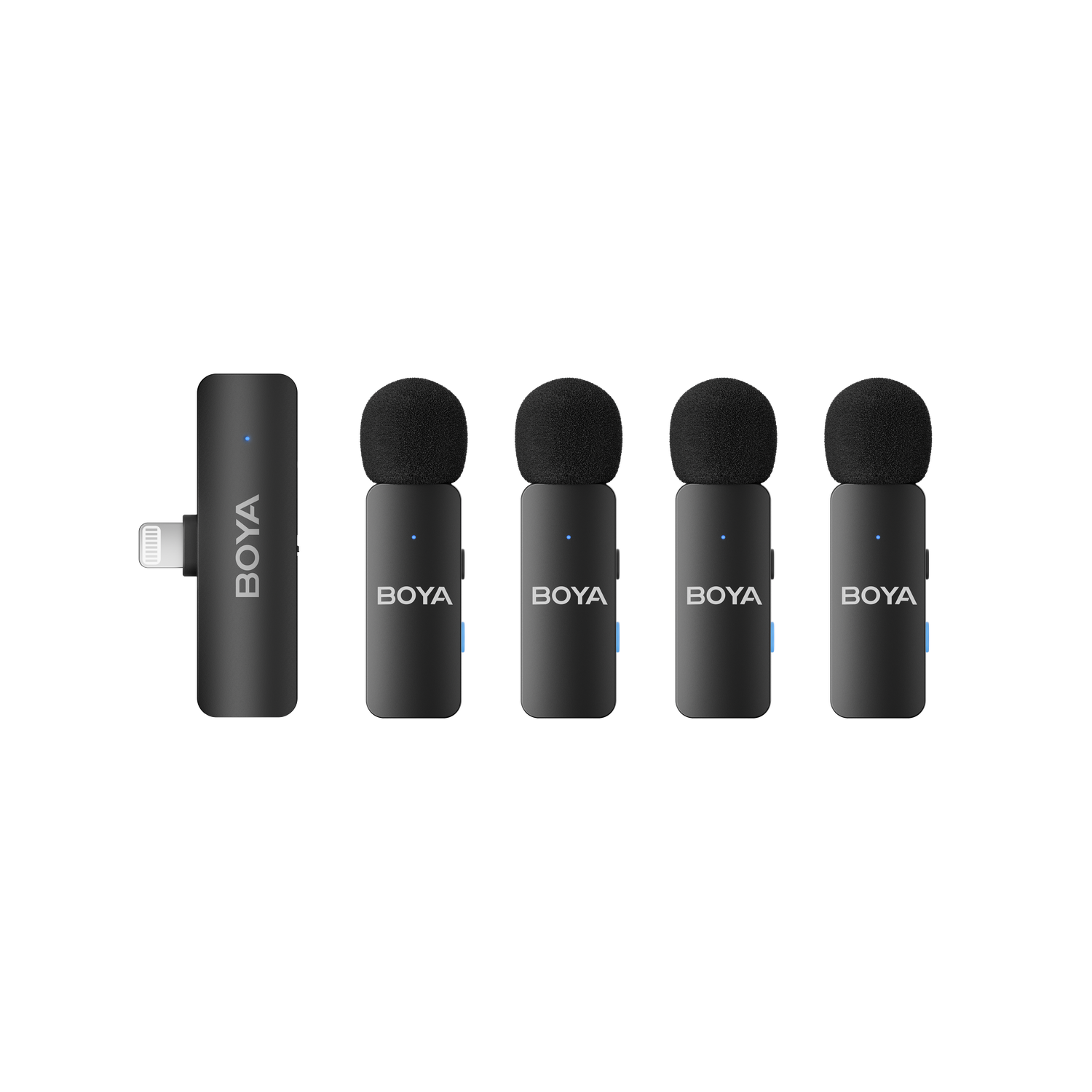 Set of black Boya microphones with a charging port and four wireless mics. The background is solid black.