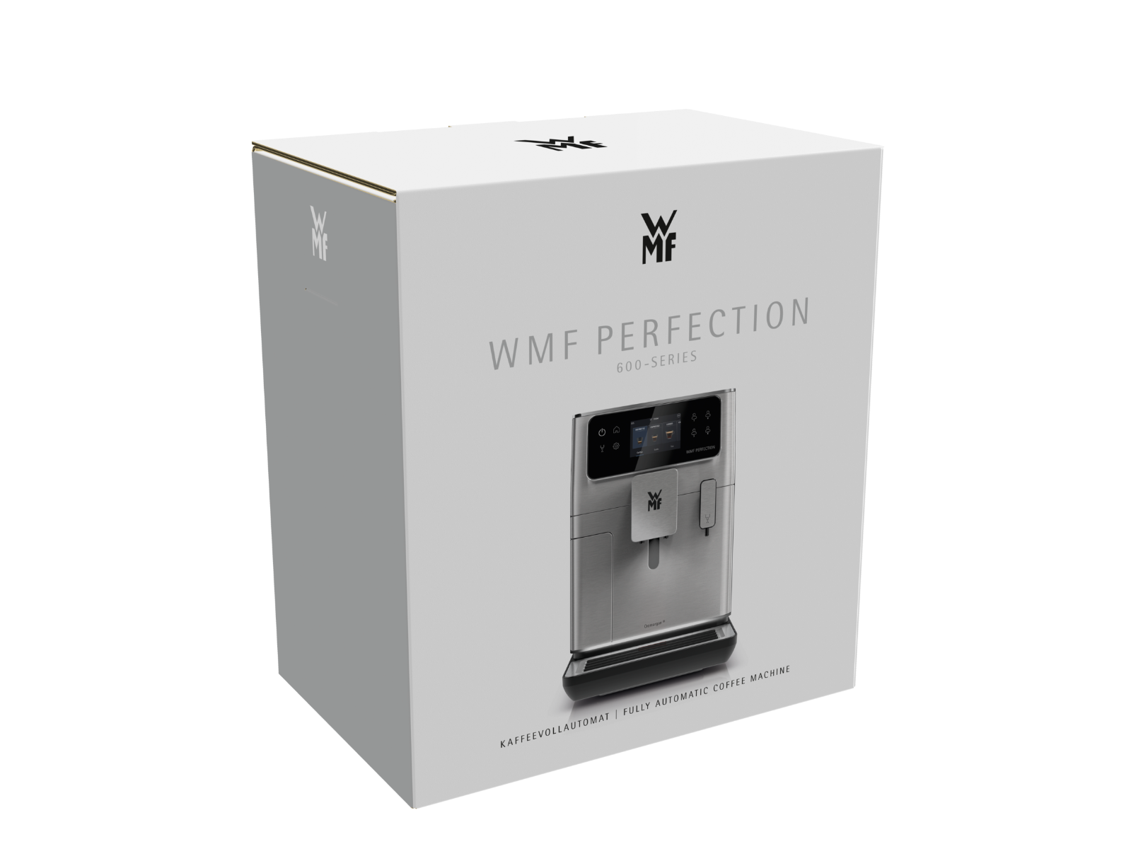 Una caja blanca con una imagen de una cafetera. El texto en la caja dice 'WMF PERFECTION 600-series'. El texto inferior dice 'Cafetera totalmente automática'.