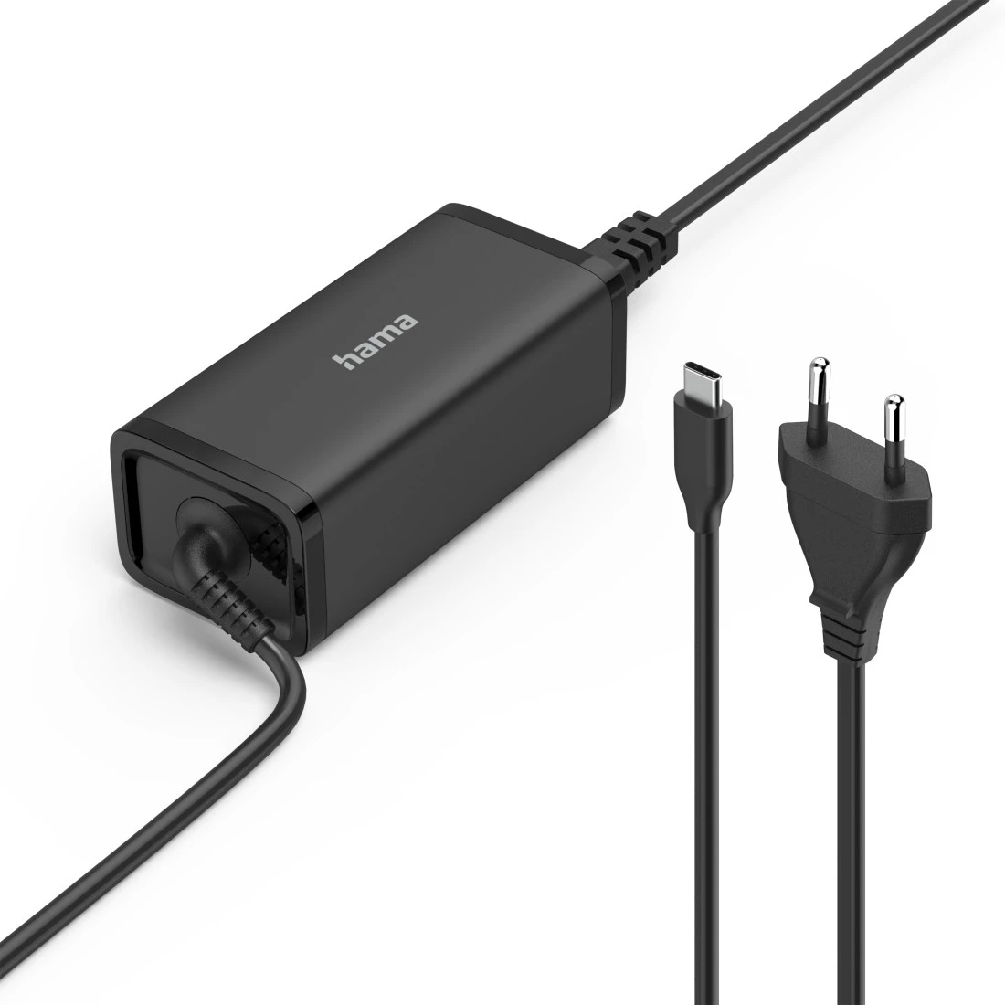 Adaptador de corriente negro Hama con USB-C y enchufe europeo sobre fondo blanco. El adaptador tiene forma rectangular. Los cables son visibles.