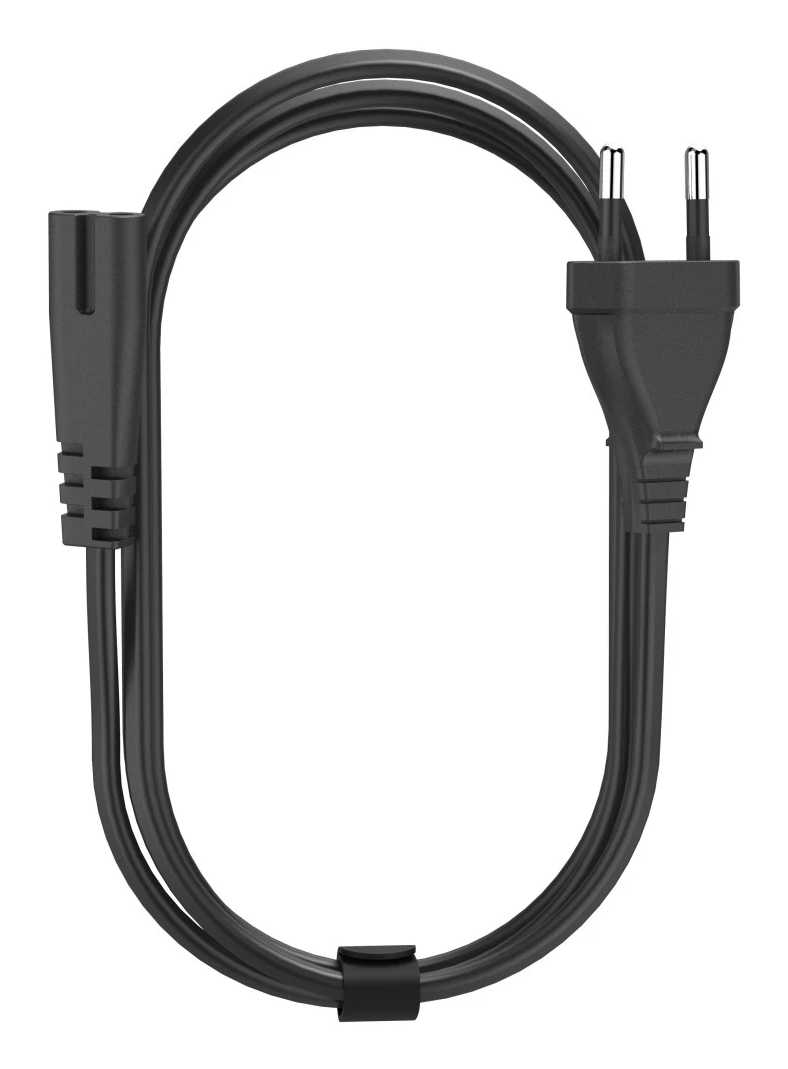 Un cable de alimentación negro con dos clavijas en un extremo y un conector de dos pines en el otro. Una correa negra sujeta el cable.