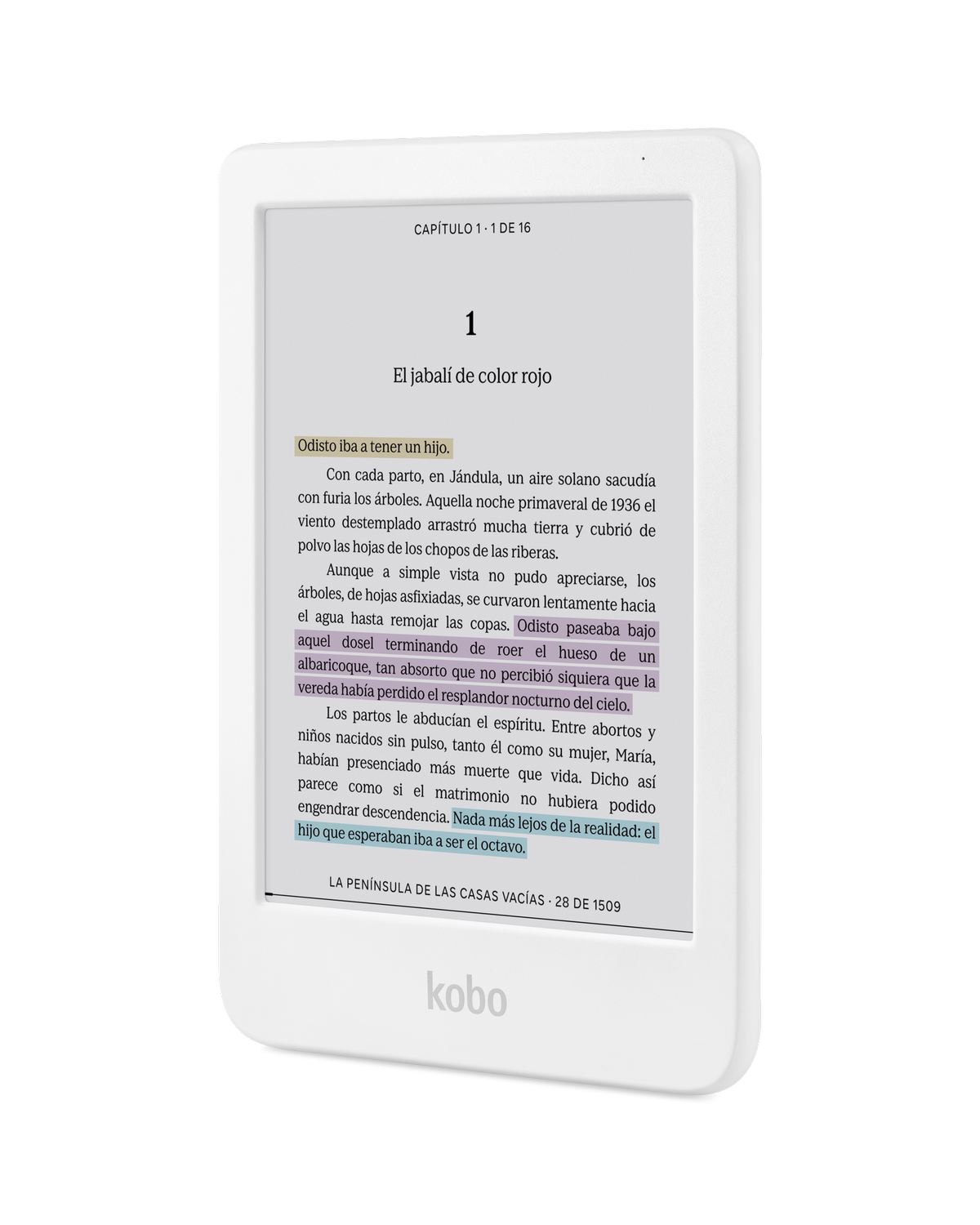 Un lector electrónico muestra texto en español. El texto incluye un título y varios párrafos que describen una historia.
