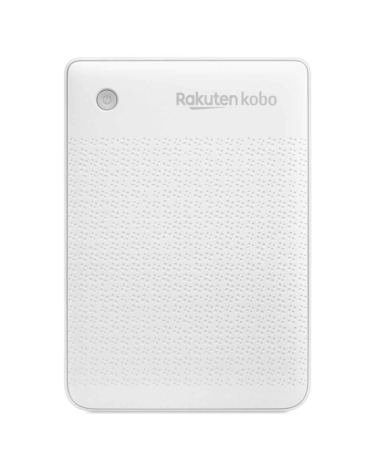 Lector electrónico Rakuten Kobo blanco. Cuenta con un botón de encendido y el nombre de la marca. Superficie texturizada.