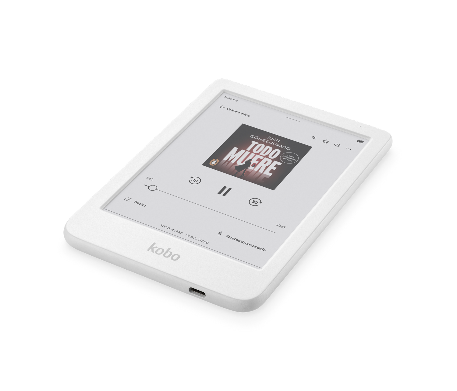 Un lector electrónico Kobo blanco muestra la portada del libro 'Todo Muere'. La pantalla muestra controles de reproducción y una barra de progreso.