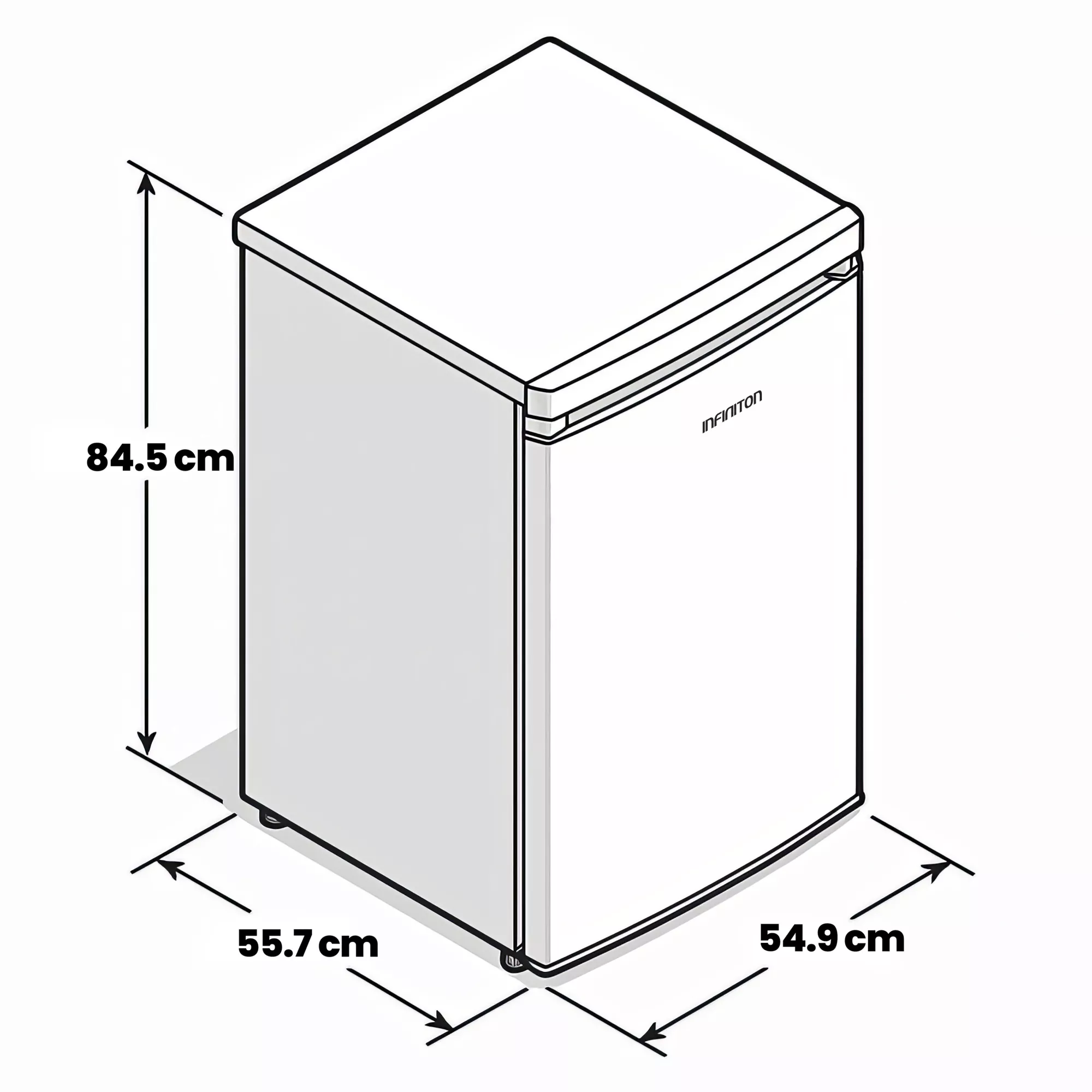 Dibujo isométrico de un refrigerador blanco con dimensiones. La marca INFINITON es visible.