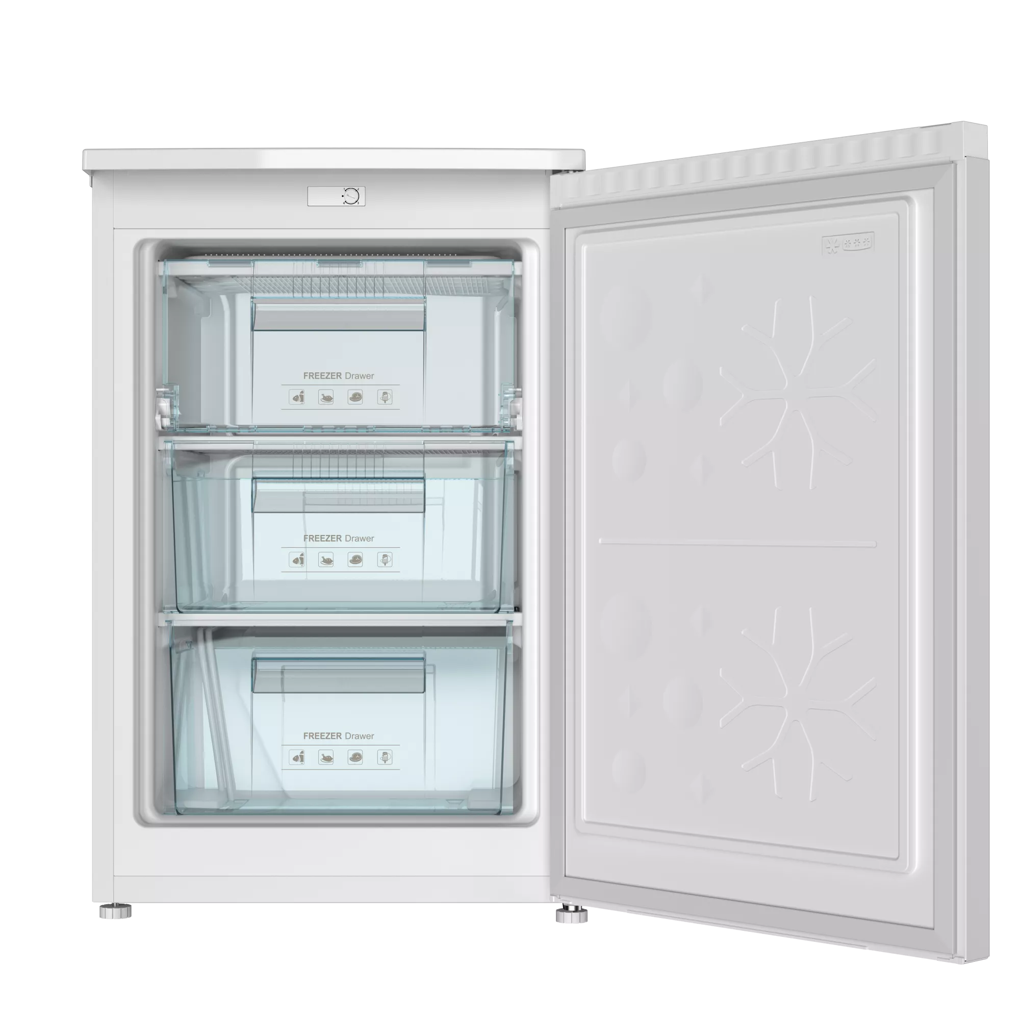 Congelador blanco con la puerta abierta, revelando tres cajones transparentes. La puerta interior tiene patrones de copos de nieve.