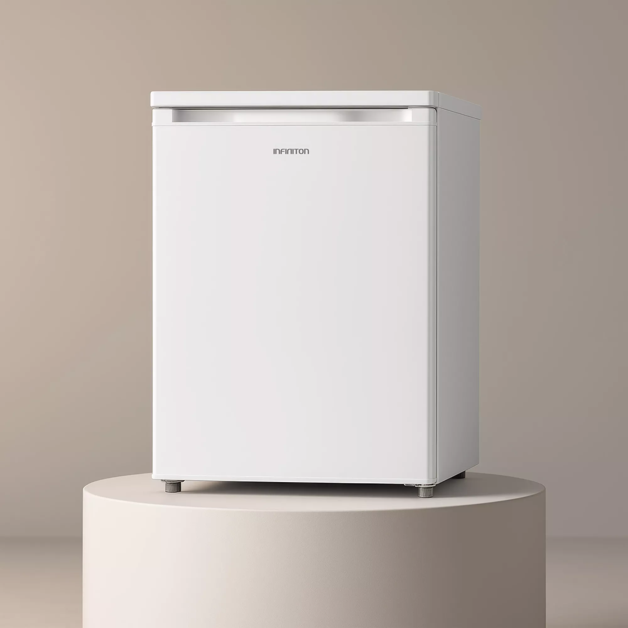 Un mini-refrigerador INFINITON blanco está sobre un pedestal color crema sobre un fondo neutro. El refrigerador tiene un asa.