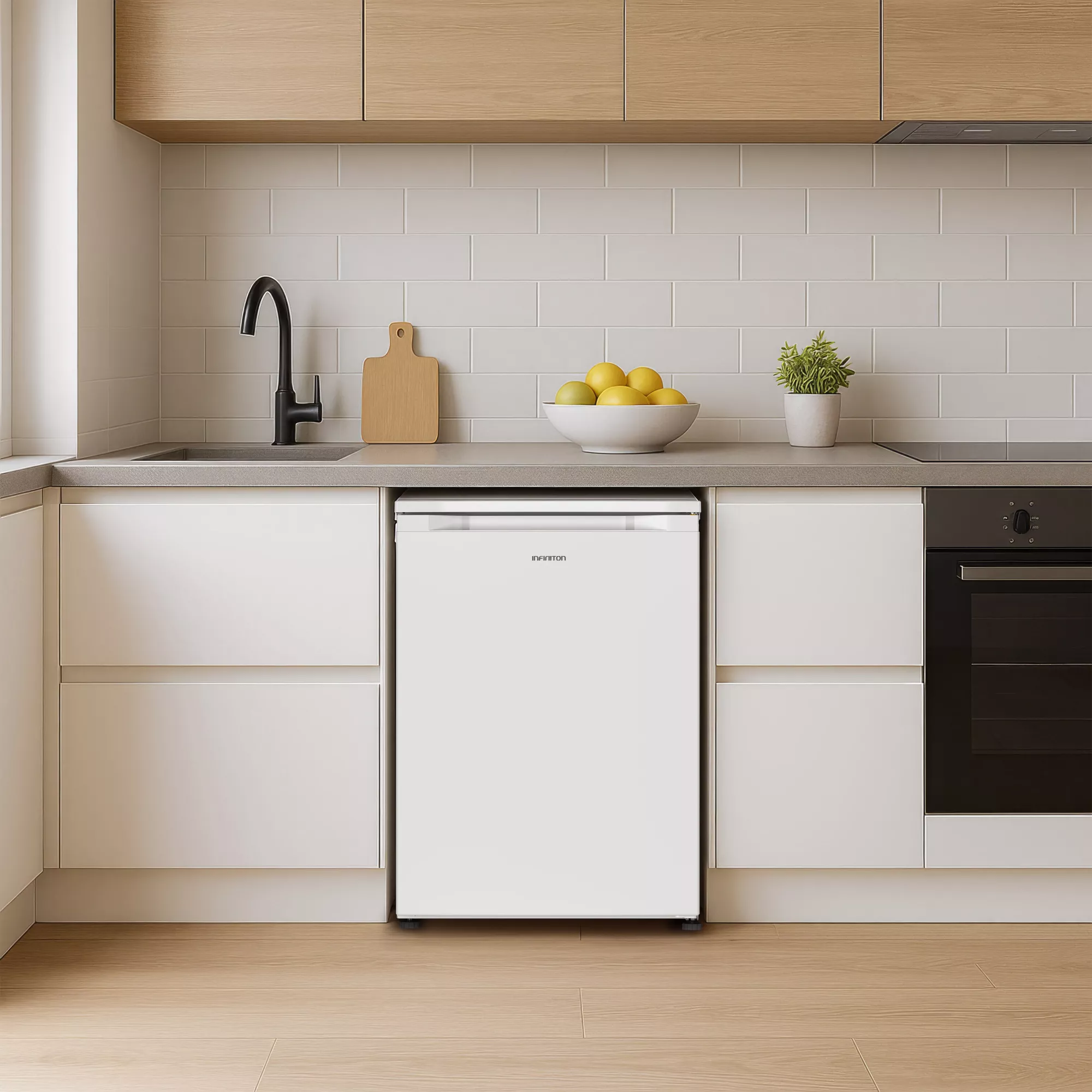 Cocina moderna con nevera blanca. Un cuenco con limones sobre la encimera. Armarios de madera y azulejos blancos visibles.