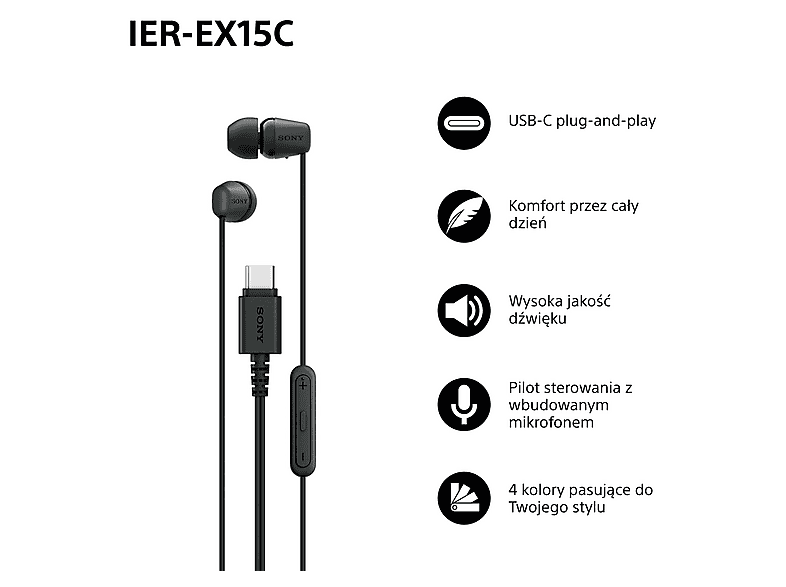 Słuchawki dokanałowe SONY EX15C z USB-C, Mikrofon, Przewodowe, Pilot z regulacją głośności, Ultralekkie 3 g, Czarne – zdjęcie 2