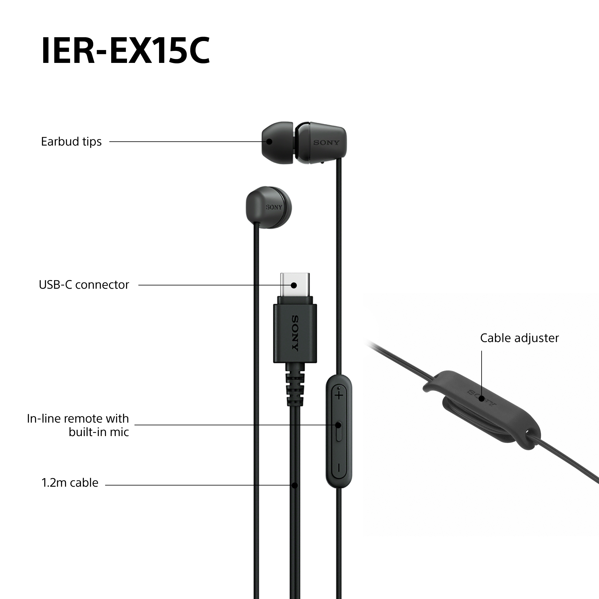 Schwarze Sony IER-EX15C Ohrhörer mit Inline-Fernbedienung, USB-C-Anschluss und 1,2 m Kabel. Mit Kabelversteller.