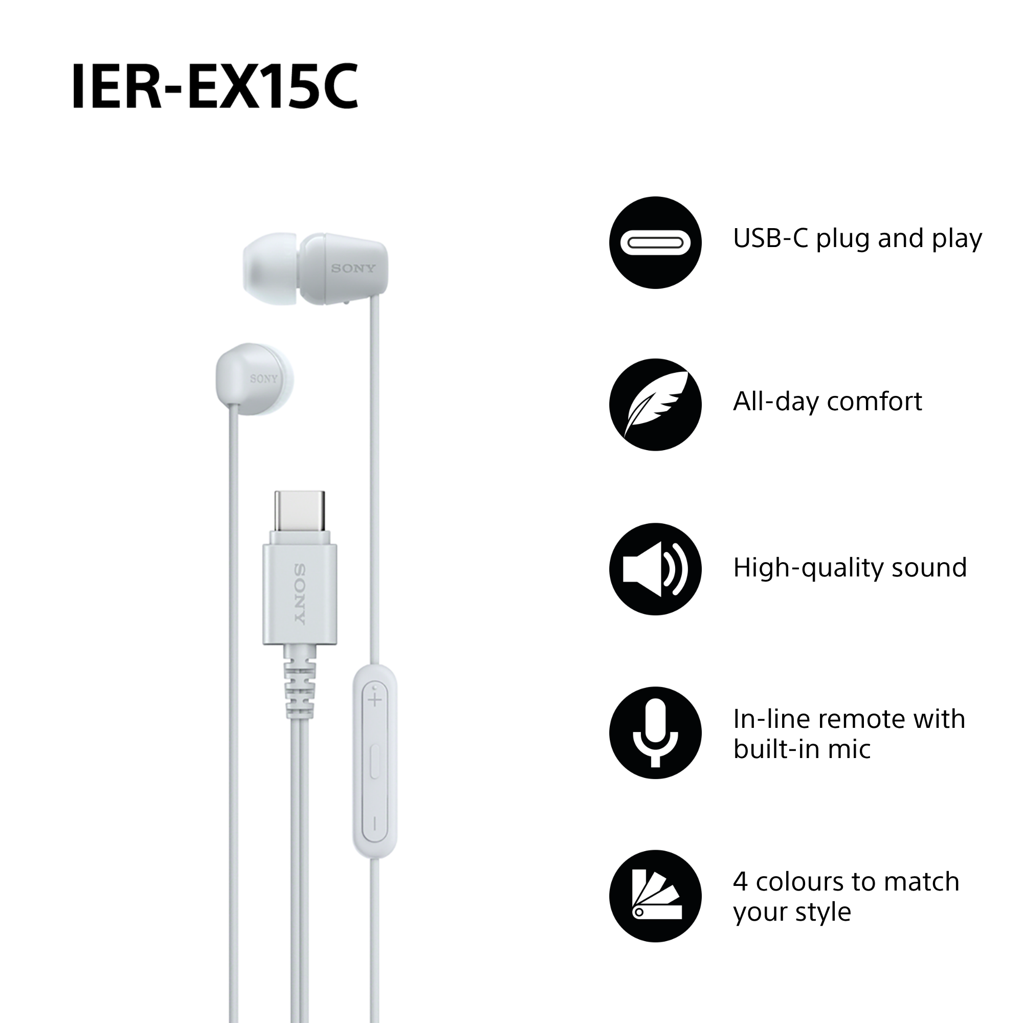 Weiße Sony IER-EX15C-Ohrhörer mit USB-C-Stecker und In-Line-Fernbedienung. Text hebt Komfort, Klang und 4 Farboptionen hervor.