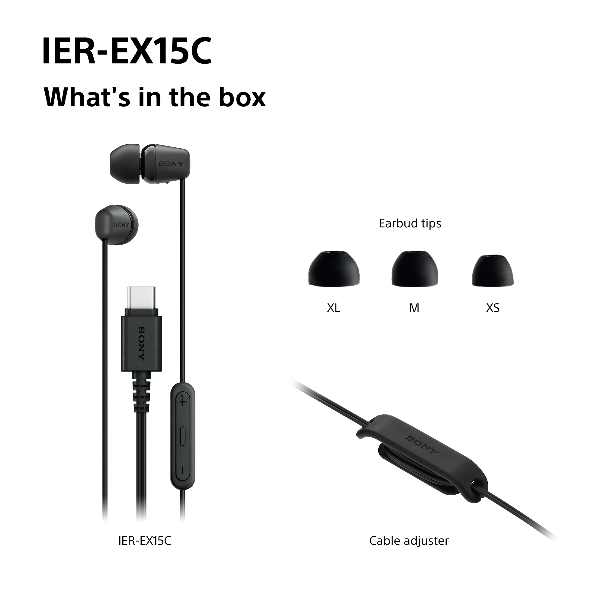 Das Bild zeigt schwarze Sony IER-EX15C-Ohrhörer mit Ohrstöpseln in verschiedenen Größen und einen Kabelversteller. Text lautet 'Was ist in der Box'.