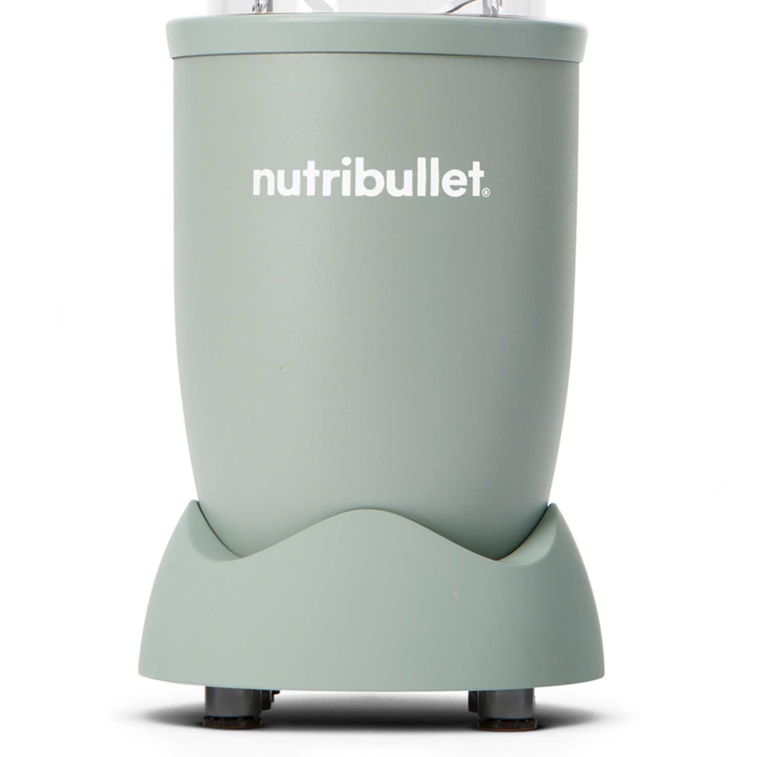 Un frullatore Nutribullet verde chiaro su sfondo bianco. Il marchio 'nutribullet' è stampato sul corpo del frullatore.
