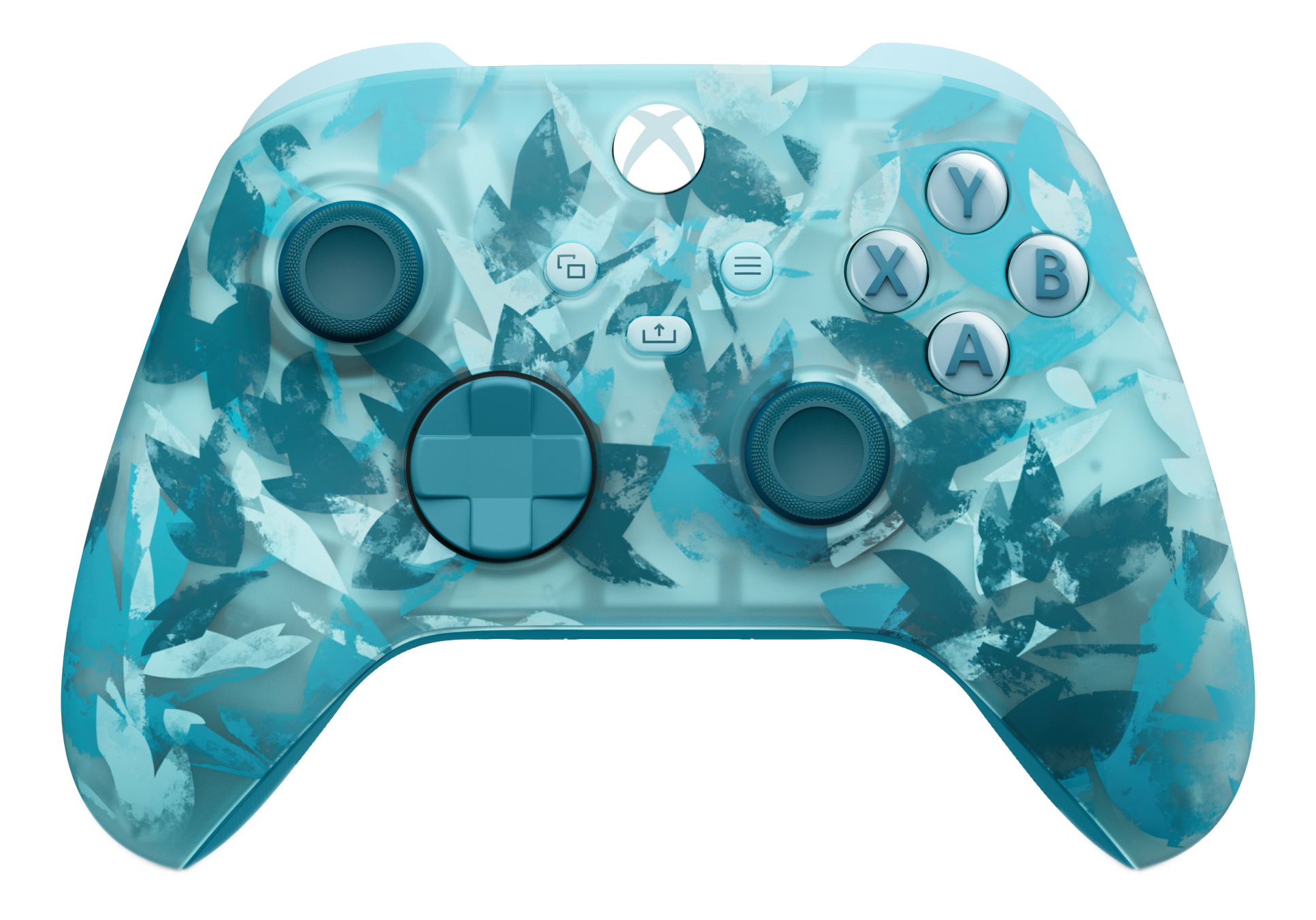 Ein Xbox-Controller mit hellblauem Blattmuster. Tasten sind X, Y, A und B. D-Pad und Thumbsticks sind ebenfalls sichtbar.