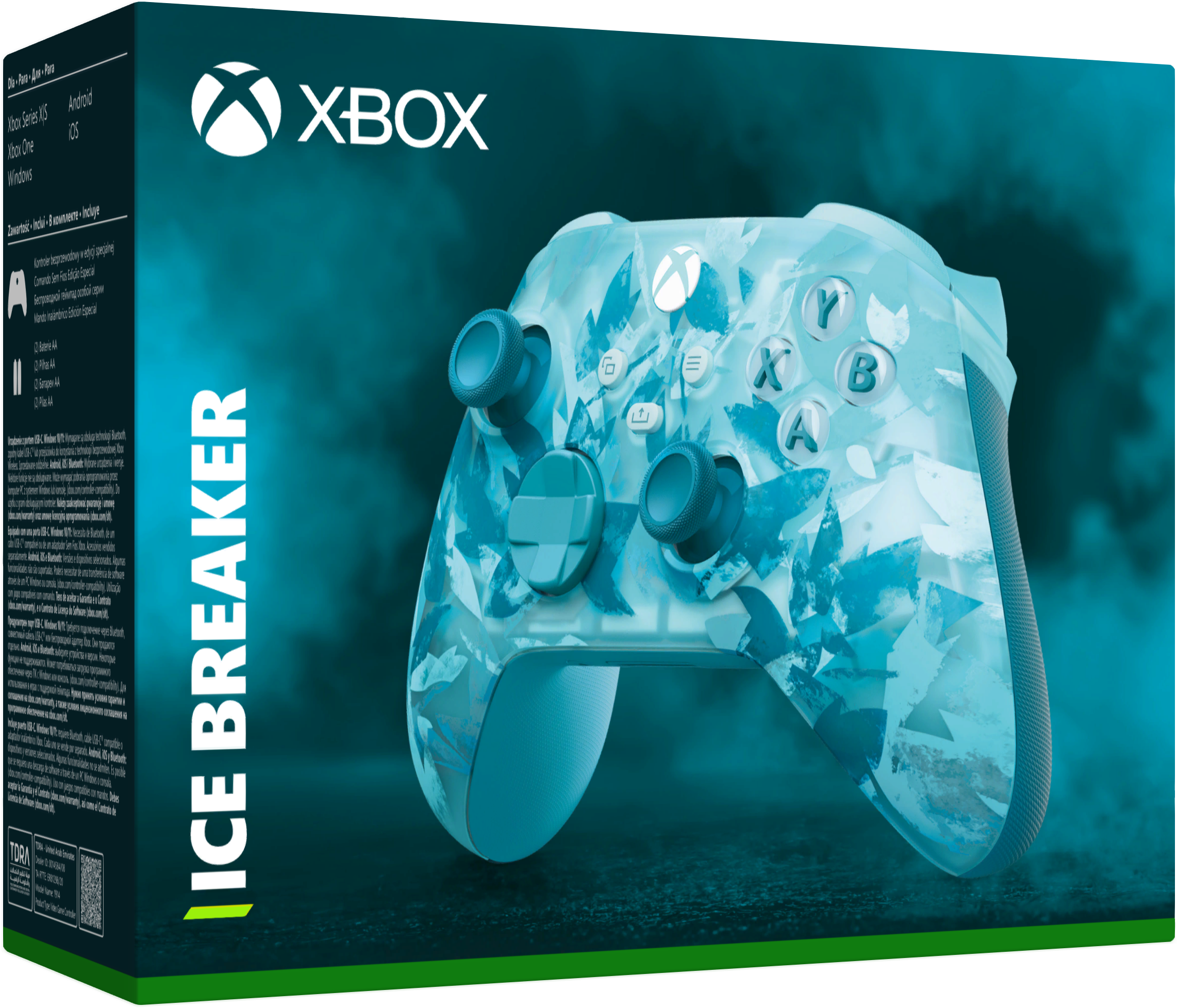 Xbox Series X|S Ice Breaker Controllerbox. Controller mit blau-weißem Eisdesign. Xbox-Logo und Text sind sichtbar.