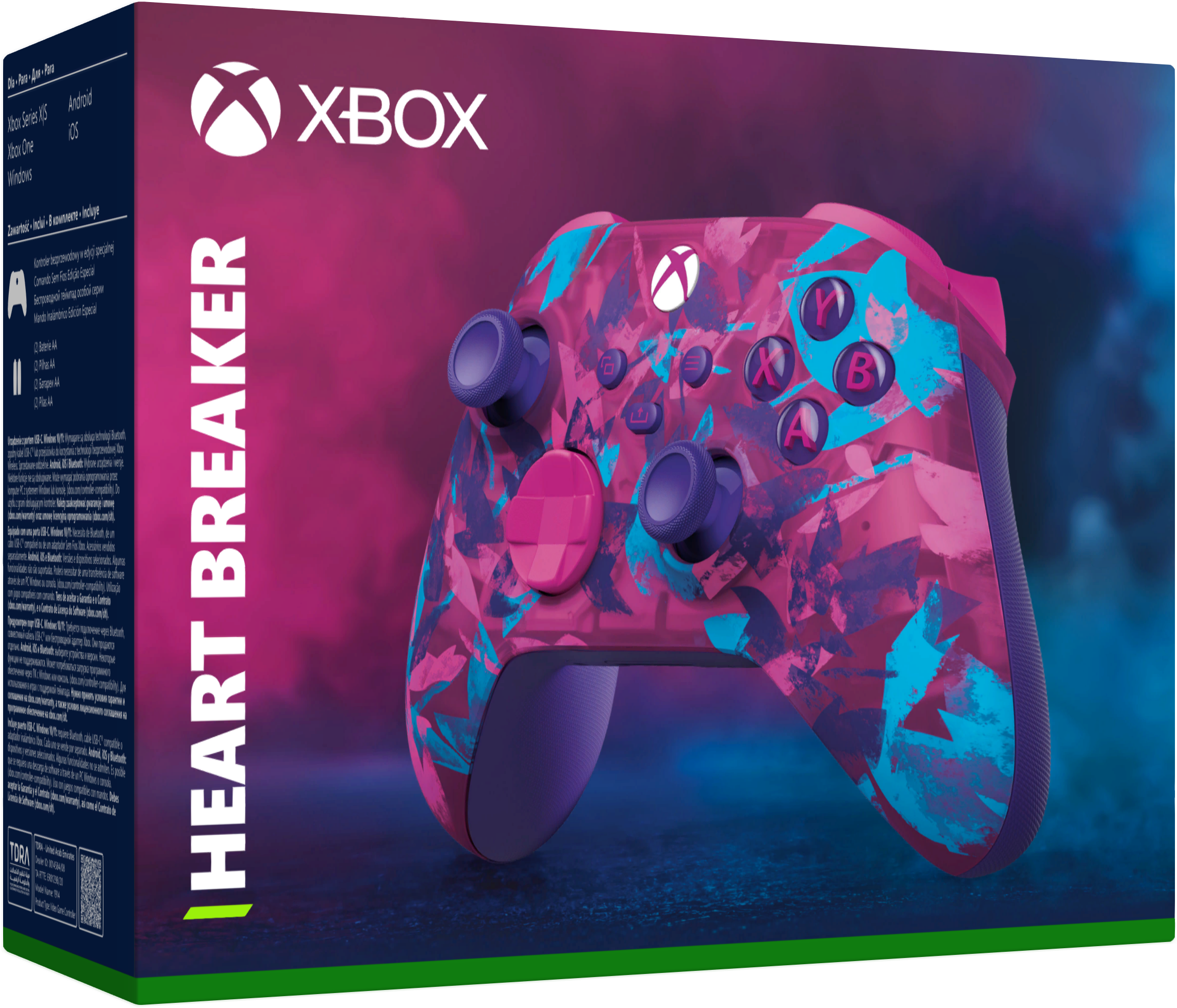 Xbox Heartbreaker Controller-Box. Der Controller hat ein rosa-blaues Muster.