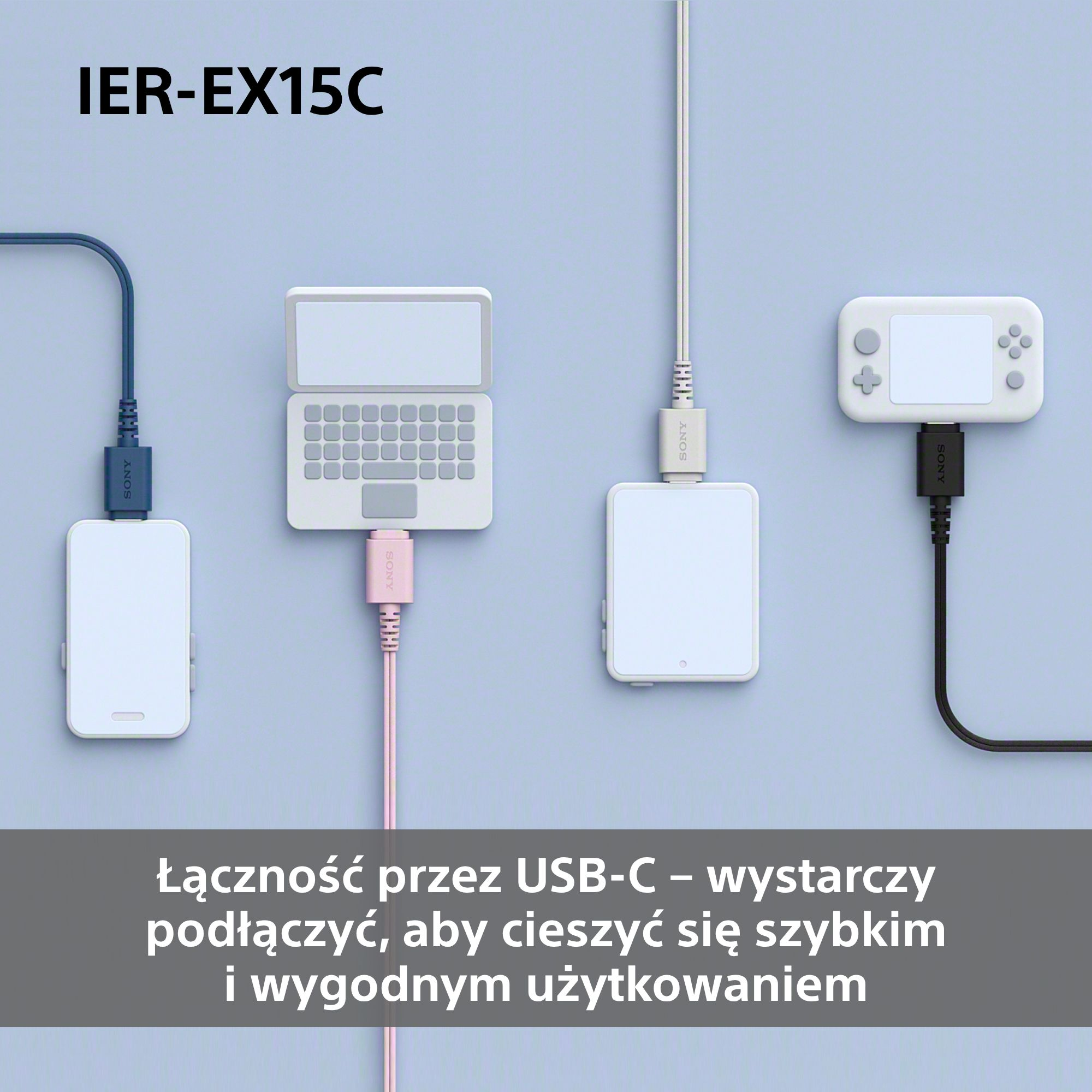 Obraz przedstawia trzy białe urządzenia połączone kablami USB-C w różnych kolorach. Tekst mówi o łączności USB-C.