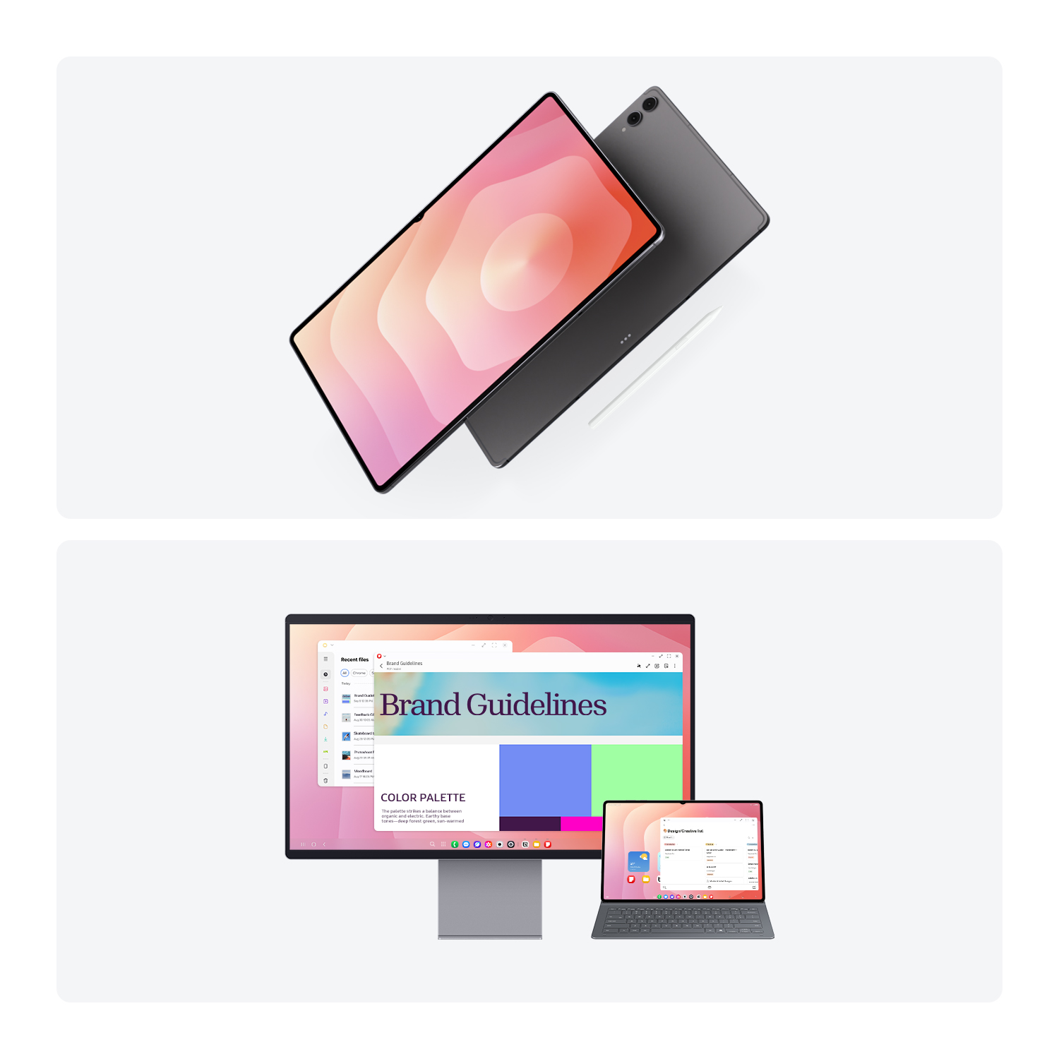 Una tableta y un lápiz óptico están sobre un fondo blanco. La tableta tiene una pantalla de color rosa y melocotón.
