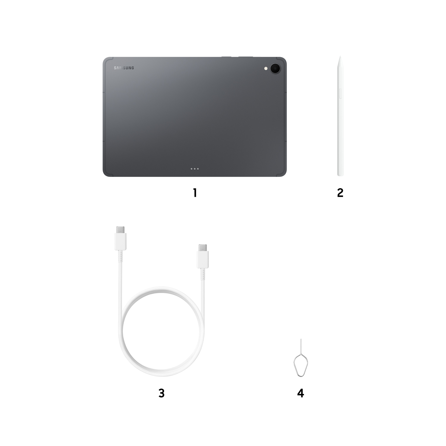 Una tableta gris, un lápiz blanco, un cable de carga blanco y una herramienta para extraer la tarjeta SIM sobre fondo blanco.