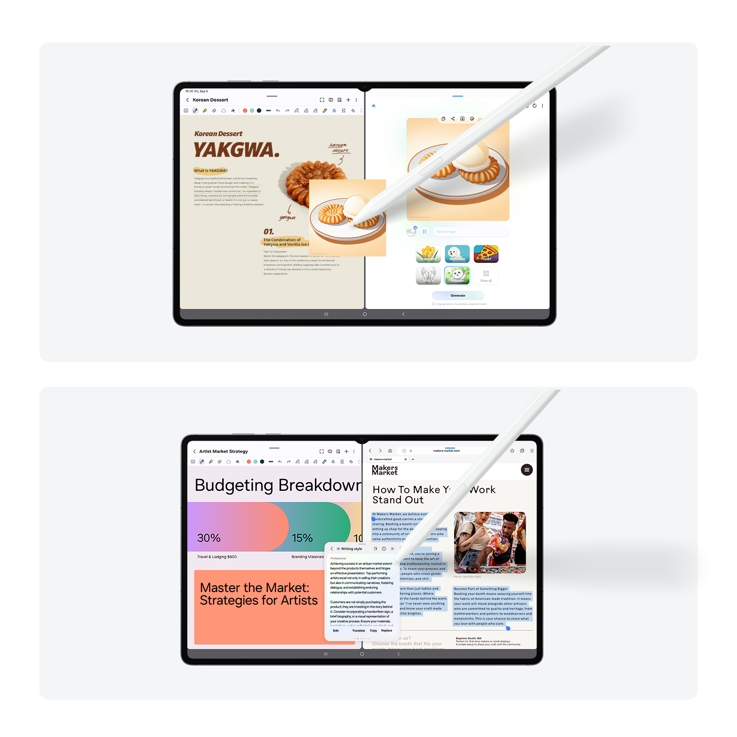 Dos tabletas muestran una receta de postre y un sitio web. Un lápiz óptico se cierne sobre la imagen del postre en la tableta derecha.
