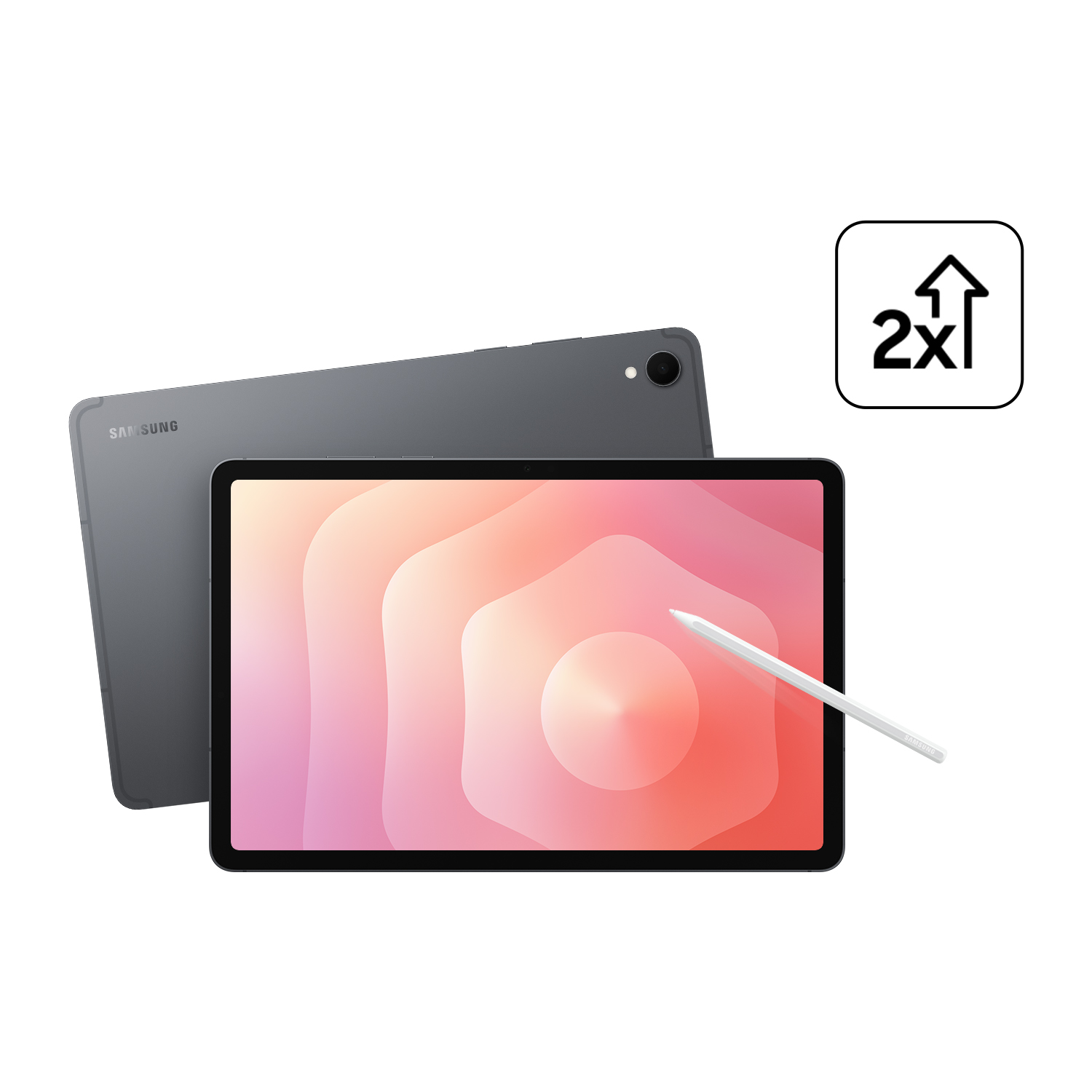 Una tableta Samsung con un lápiz. La pantalla muestra un diseño abstracto rosa y naranja. La parte trasera de otra tableta es visible.