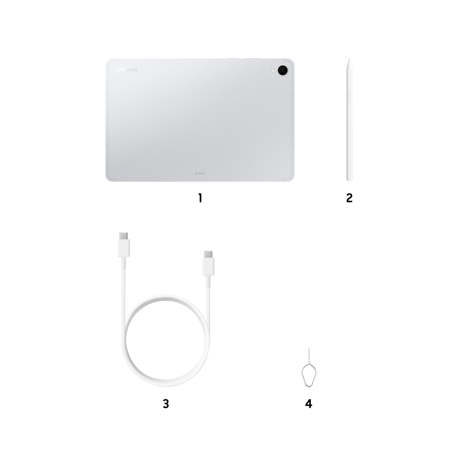 Una tableta blanca, su vista lateral, un cable blanco y una herramienta de expulsión de SIM se muestran sobre un fondo blanco.