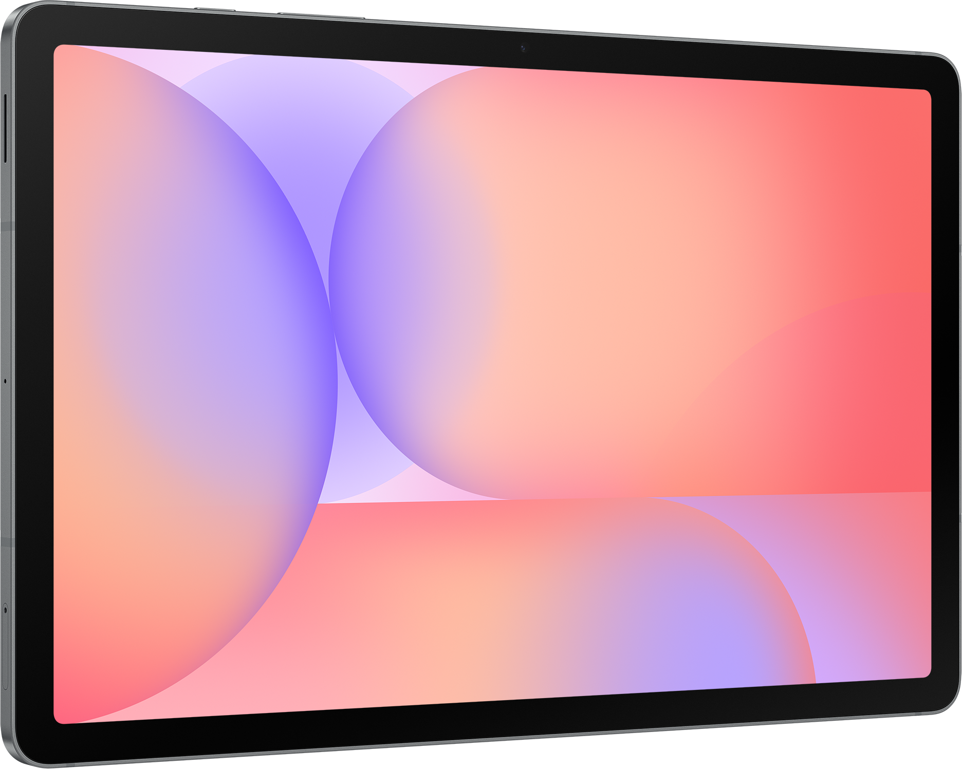 Ein Tablet zeigt einen farbenfrohen Farbverlauf. Der Bildschirm zeigt orange, lila und rosa kreisförmige Formen vor hellem Hintergrund.