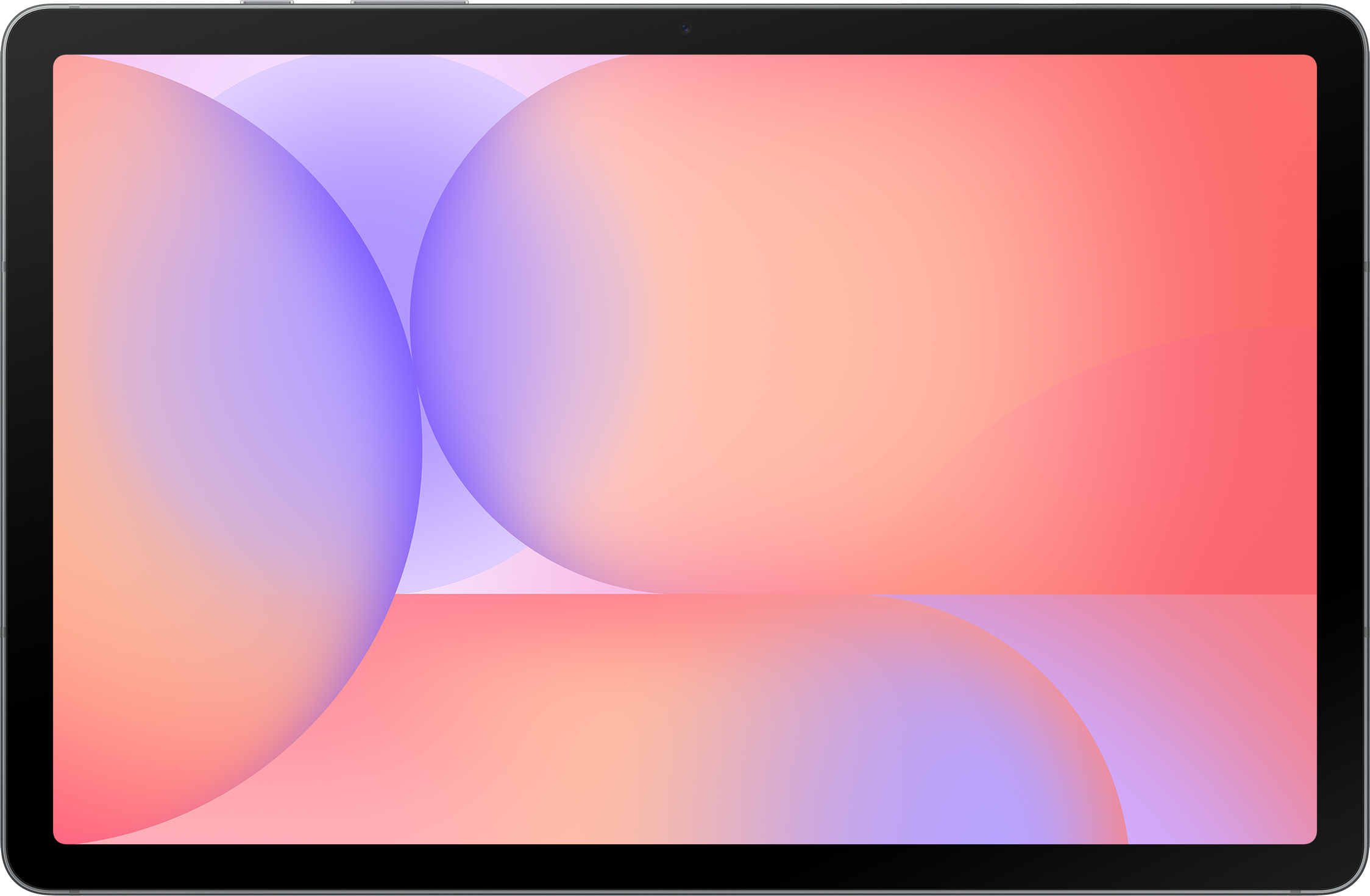 Tablettbildschirm zeigt einen Farbverlaufshintergrund mit sich überlappenden Kreisen in Lila, Orange und Pink. Tablet hat einen schwarzen Rahmen.