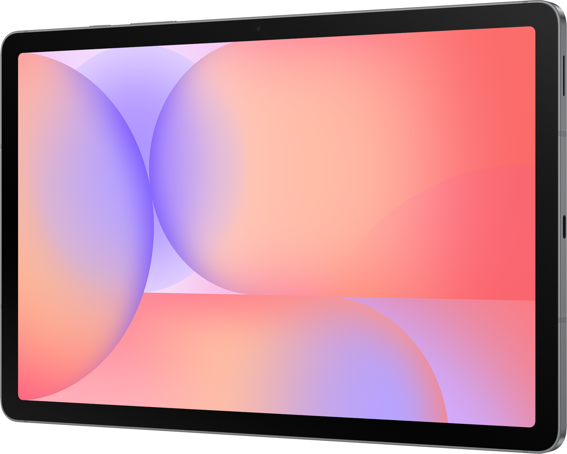 Ein Tablet mit einem Hintergrund aus Rosa, Orange und Lila. Das Tablet hat einen schwarzen Rahmen und eine Frontkamera.