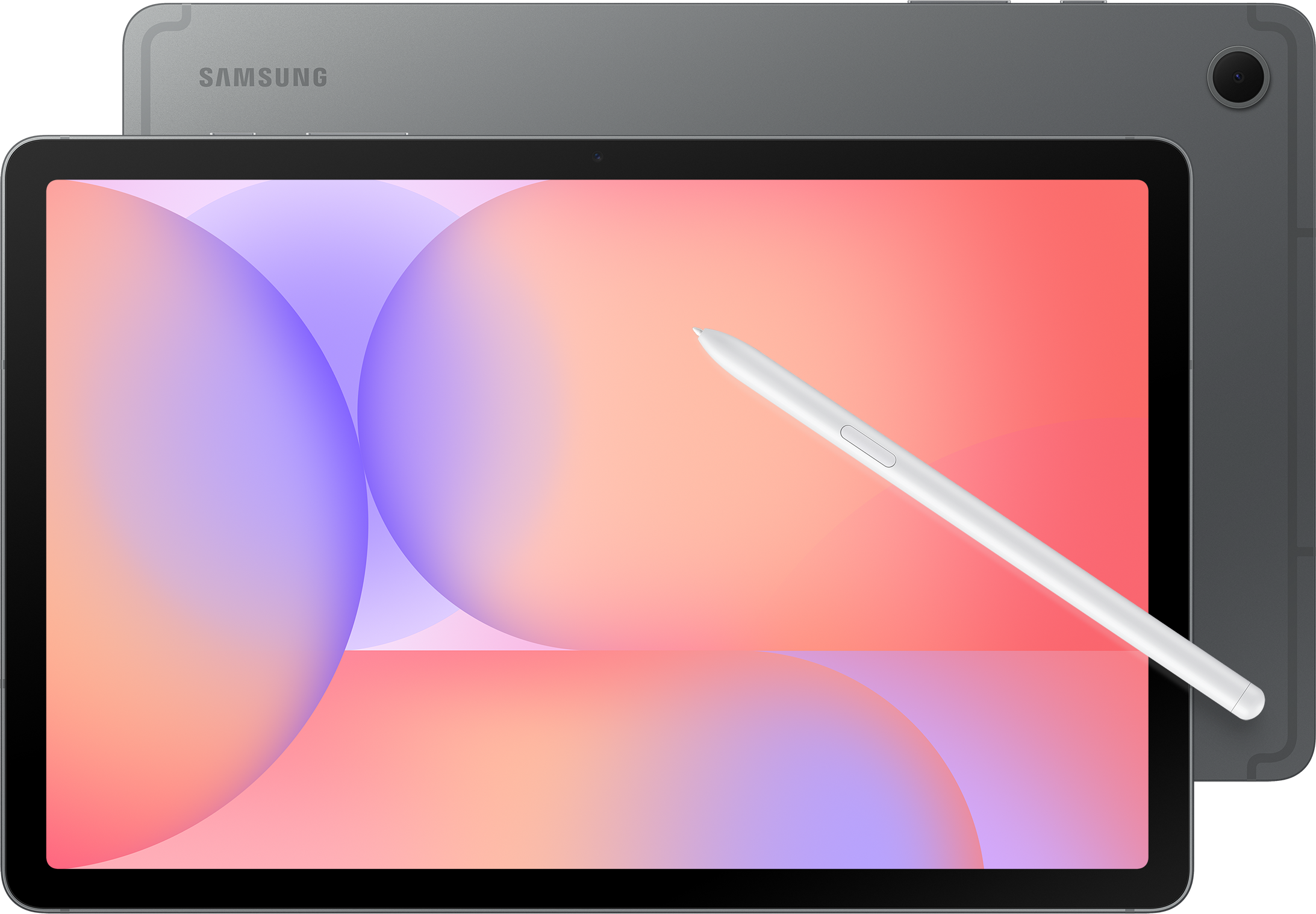 Ein Samsung-Tablet mit weißem Stift. Der Bildschirm zeigt einen Farbverlauf von Pink und Lila. Das Tablet ist grau.