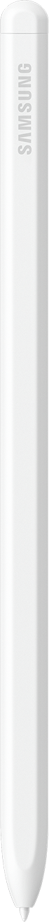 Ein weißer Samsung-Stift. Der Stift ist zylindrisch mit dem Samsung-Logo auf der Seite.