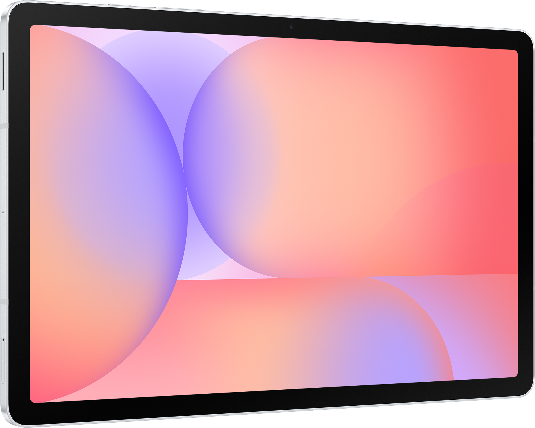 Ein Tablet mit schwarzem Rahmen. Der Bildschirm zeigt einen Farbverlauf aus orangefarbenen, rosa- und lilafarbenen Kreisen.