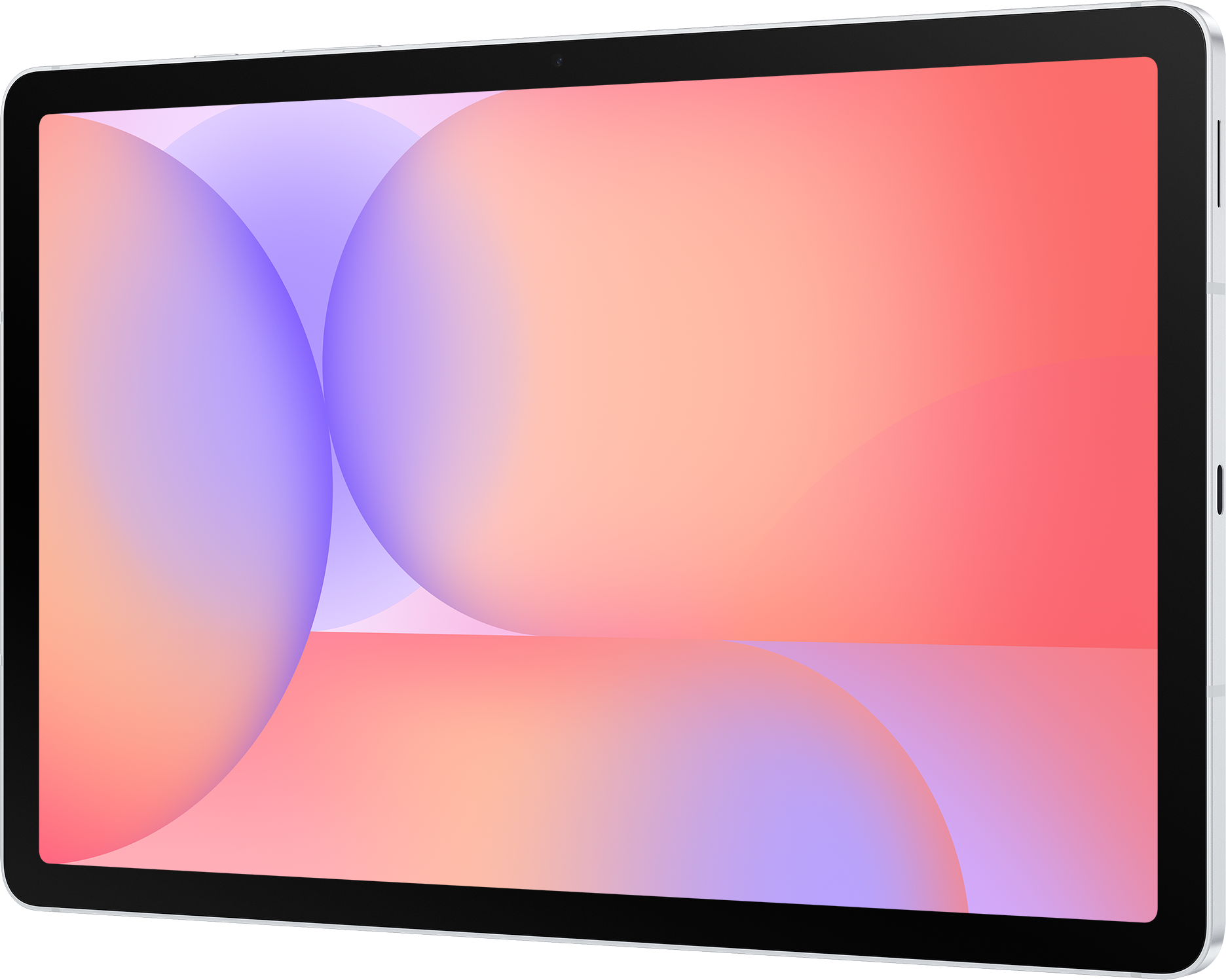 Ein Tablet mit schwarzem Rahmen und einem Bildschirm, der einen Farbverlauf aus rosa, orange und lila Kreisen zeigt. Das Tablet liegt auf einer strukturierten Oberfläche.