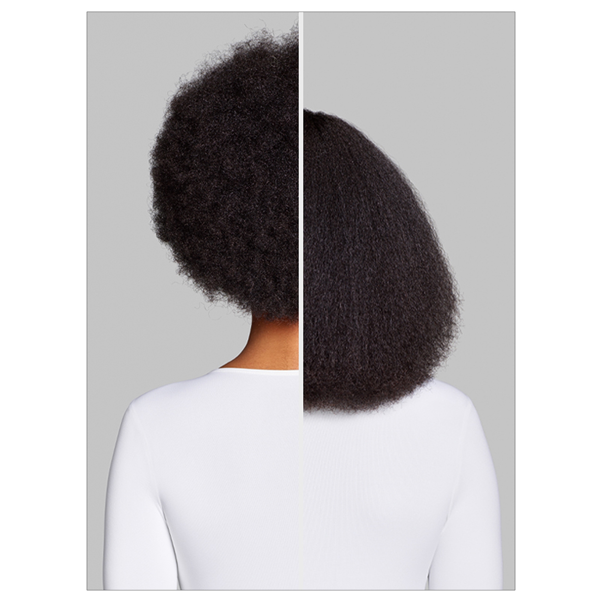 Obraz przedstawia osobę od tyłu, podzieloną na pół. Jedna strona ma kręcone włosy, druga gładkie. Oba są czarne.