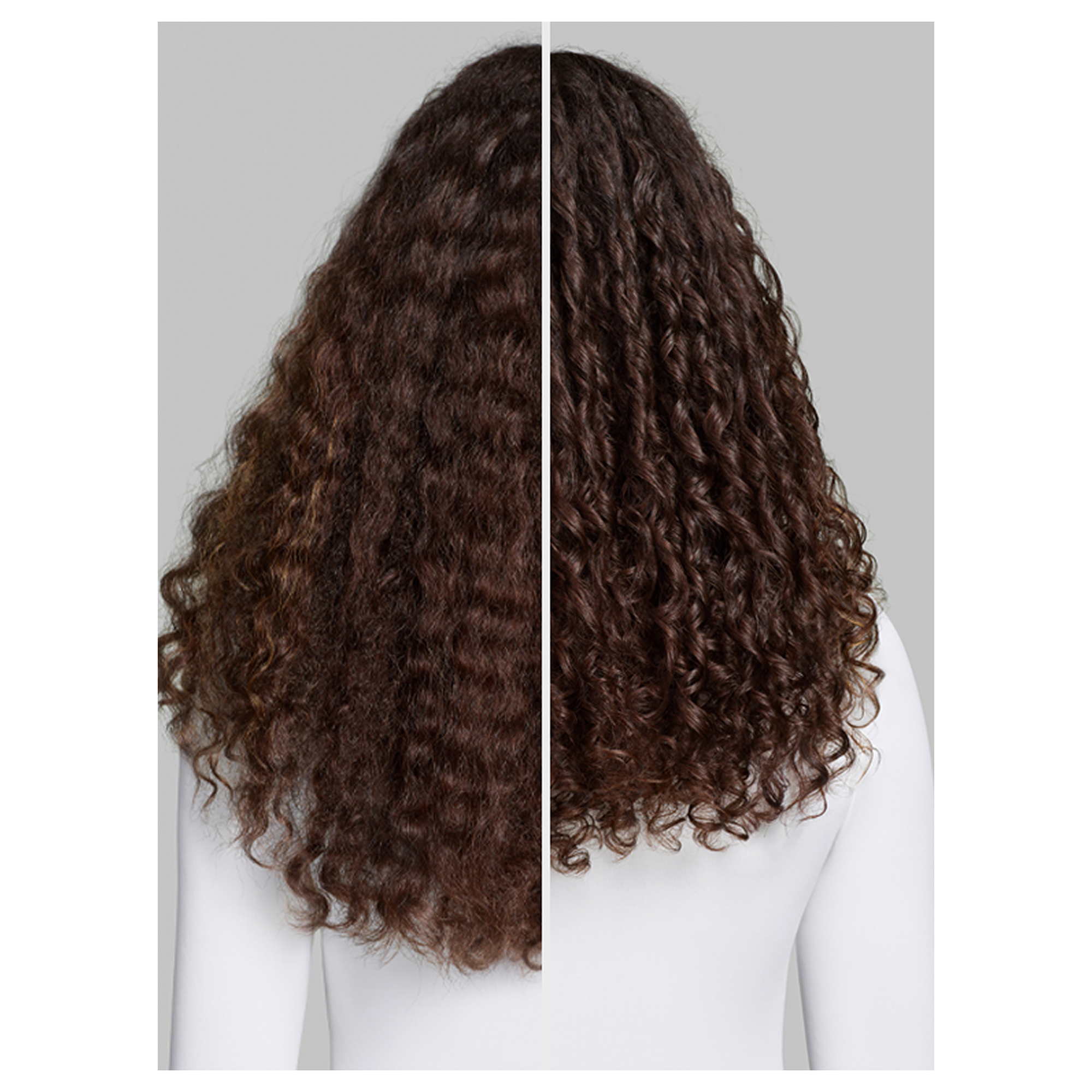 Obraz podzielony pionowo. Pokazuje dwie strony kręconych brązowych włosów. Osoba ma na sobie biały top. Tło jest szare.