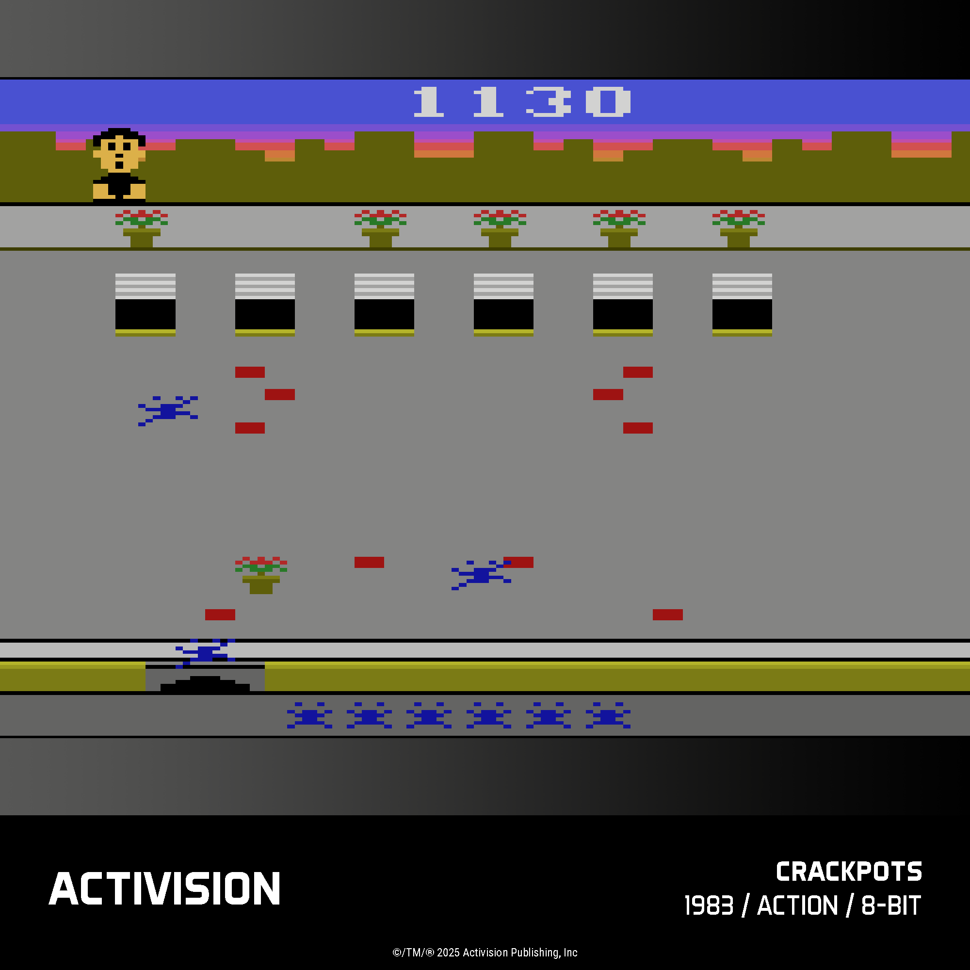 Zrzut ekranu z gry 8-bitowej. Osoba stoi nad doniczkami. Obecne są niebieskie figury i czerwone bloki.