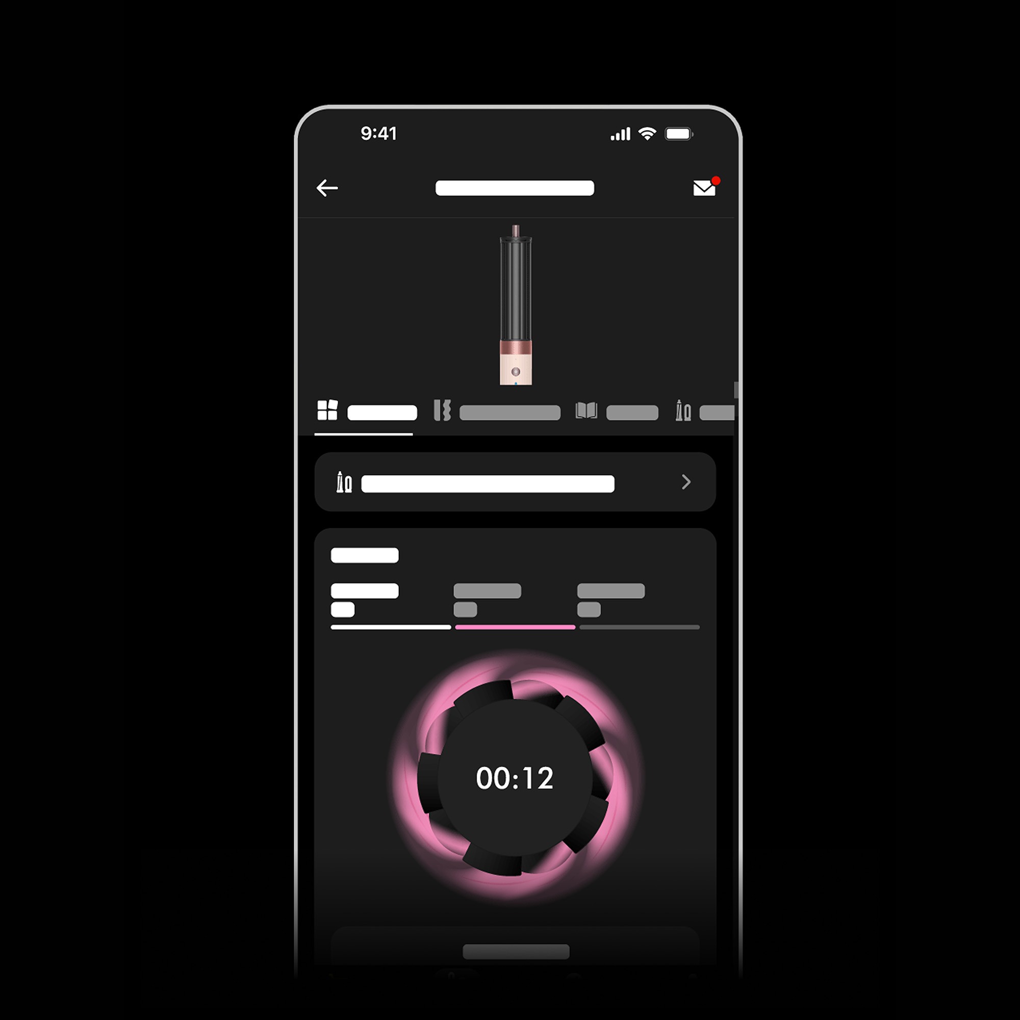 Interfejs aplikacji na smartfonie pokazujący urządzenie do waporyzacji i dane użytkowania, z timerem wyświetlającym 12 sekund i różowym efektem wizualnym.
