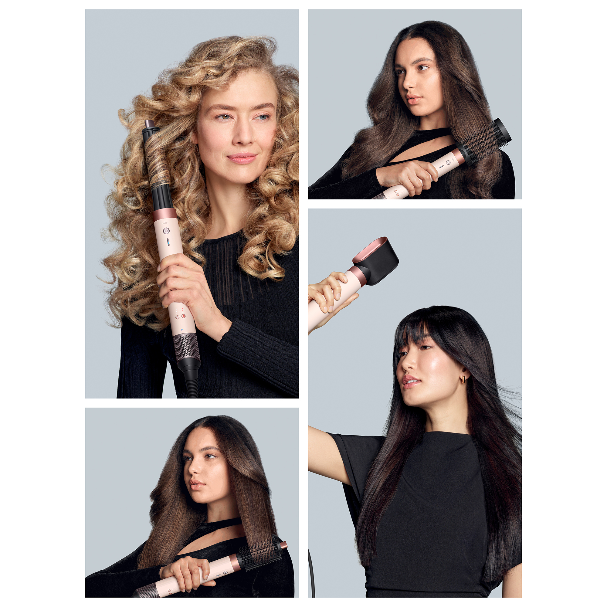 Kolaż kobiet używających narzędzia do stylizacji włosów. Każda kobieta ma inną fryzurę. Tło jest szare.