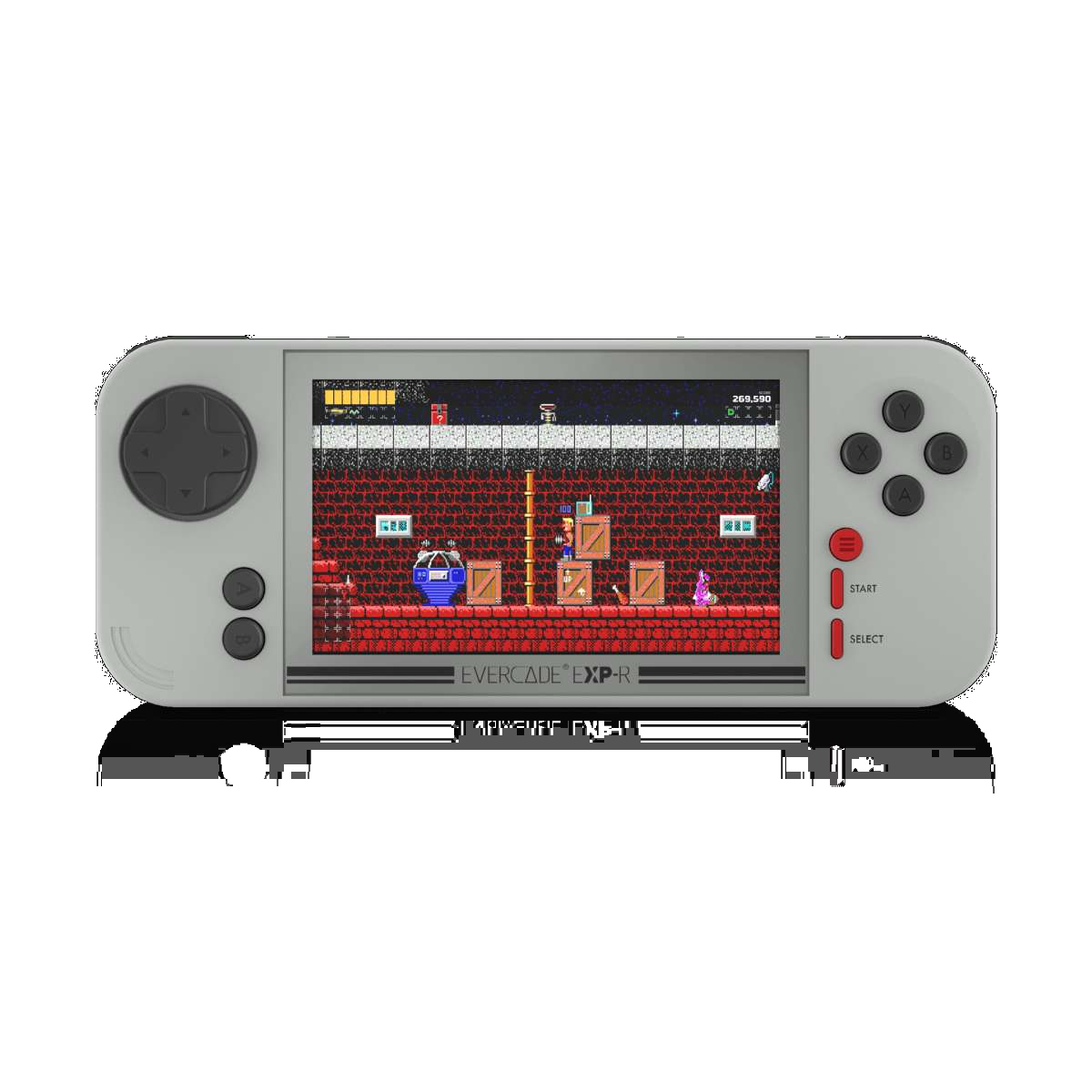 Przenośna konsola wyświetlająca pikselową scenę z gry z postacią, beczkami i niebieskim obiektem. Konsola ma przyciski.