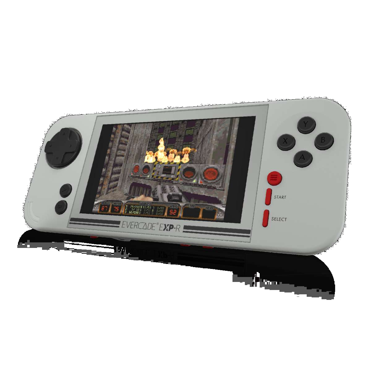 Biała konsola przenośna Evercade EXP-R wyświetlająca grę FPS. Widoczne przyciski i ekran.