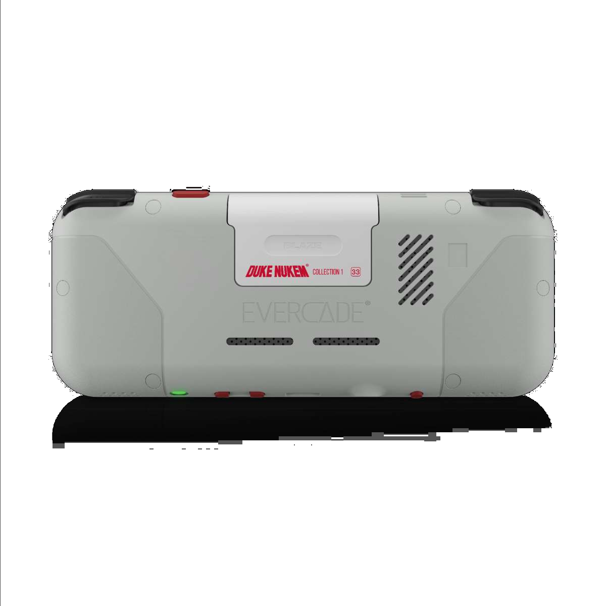 Konsola przenośna Evercade Blaze. Ekran jest wyłączony. Urządzenie jest jasnoszare z czerwonymi przyciskami i tekstem. Tło jest czarne.